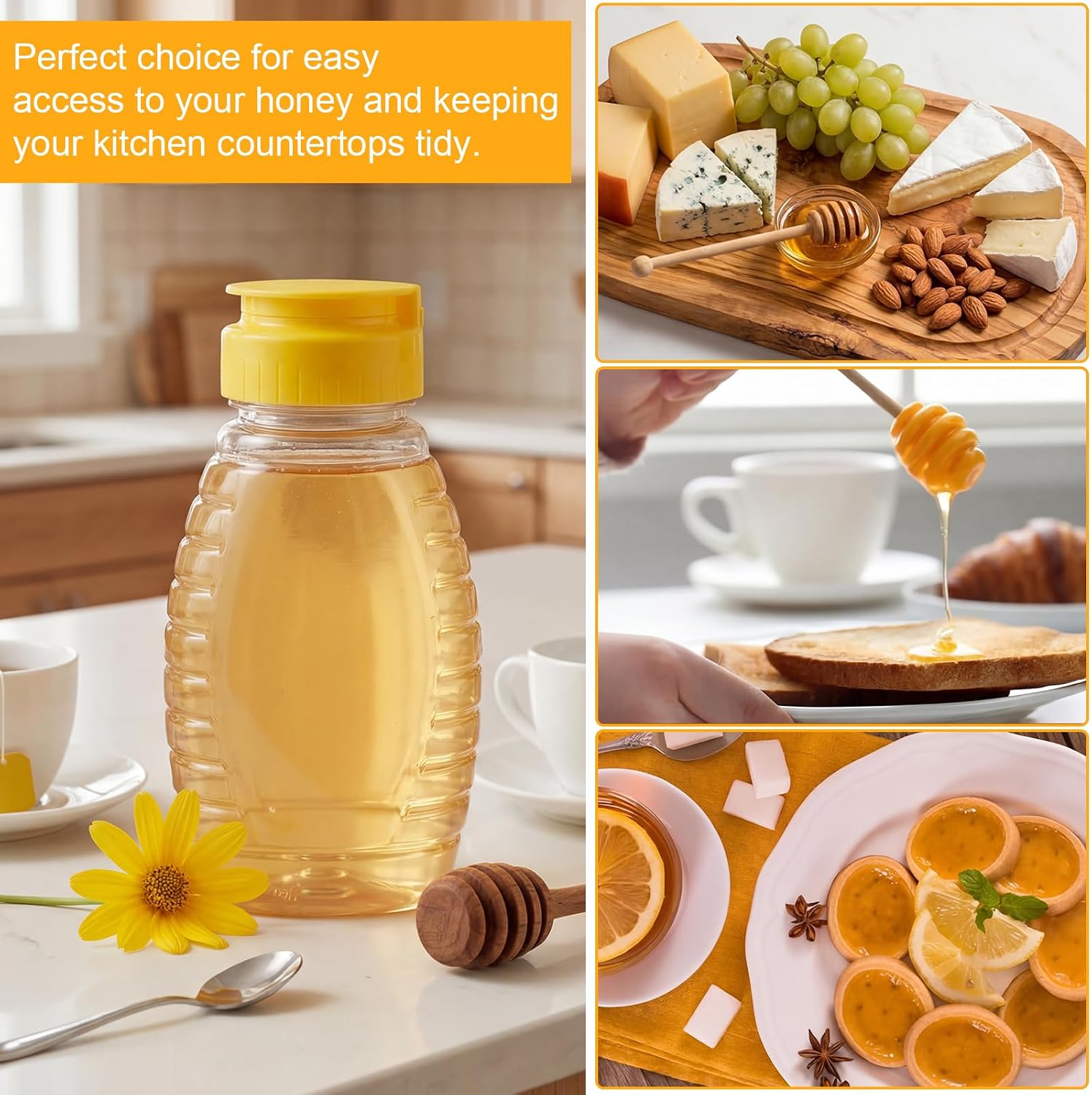2Pcs Clear Plastic Honey Bottles Empty Honey Bottles with Funnel Refillable Honey Container Squeeze Honey Bottle with Leak Proof Caps No Drip Honey Dispenser for Ketchup Mustard Salad Dressing Sauce