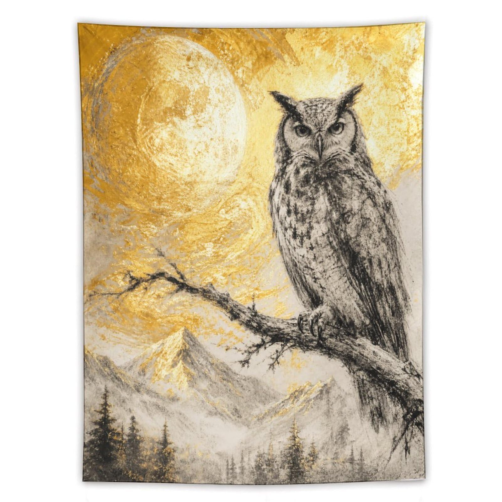 H3B8U2Y5 Owl on Golden Moon Branch Wall Tapestry, Moonlit Stage