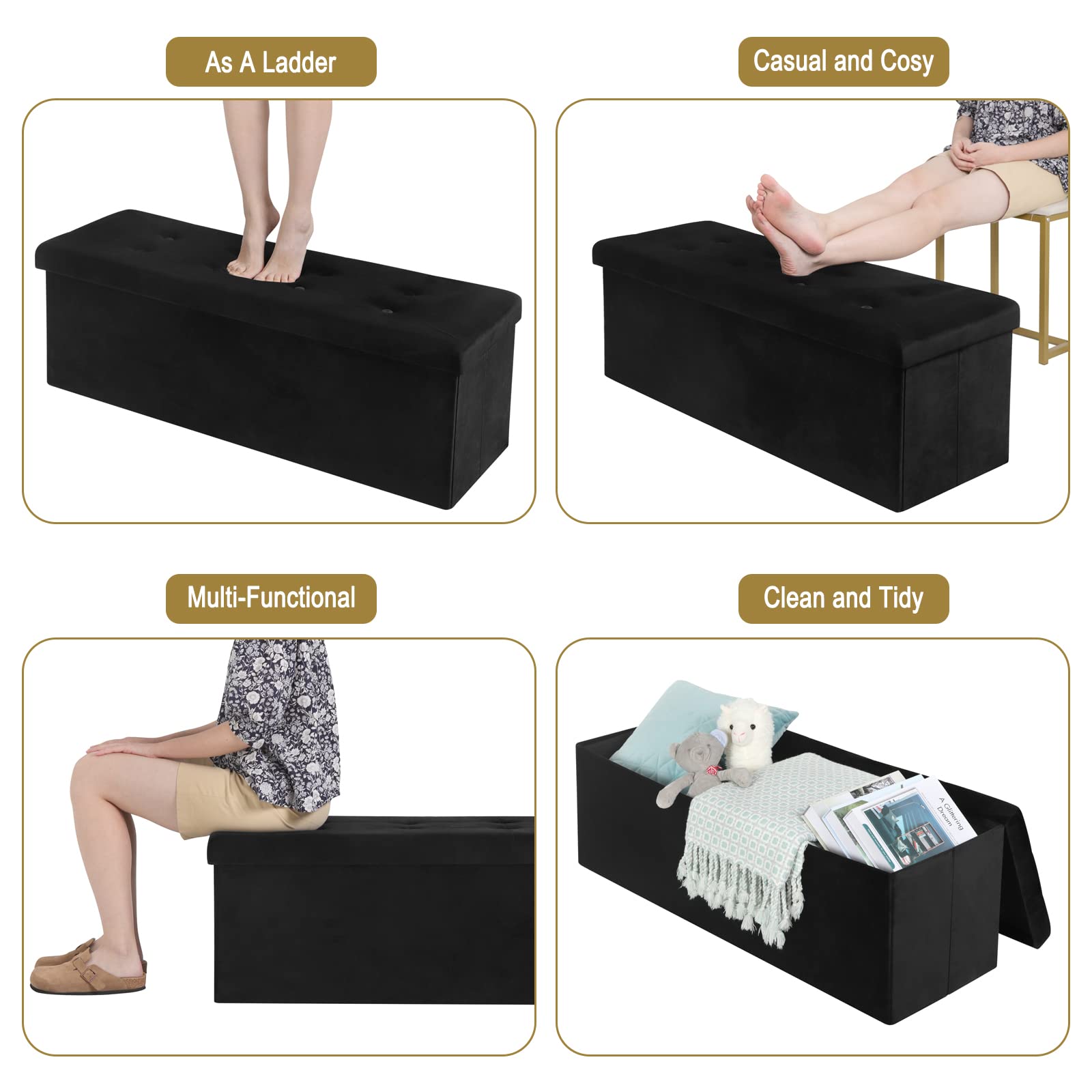 WOLTU Poggiapiedi Cassapanca Contenitore Scarpiera Pouf Sgabello Pieghevole Panca con Coperchio Sedia Bassa in Velluto Nero 110x37,5x38 cm