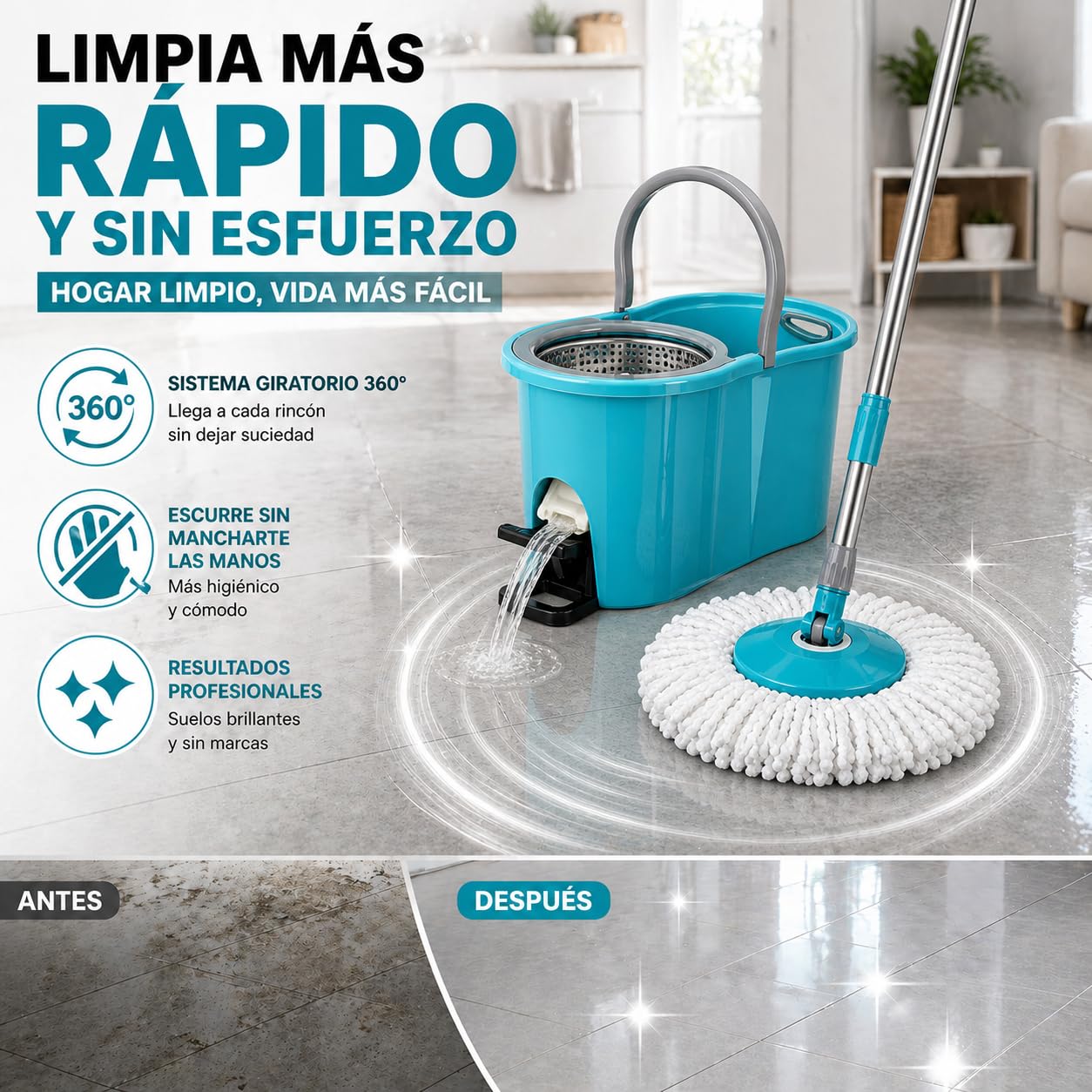 TIENDA EURASIA – Cubo Fregona Centrífugo con Mopa Giratoria 360º | con Escurridor | Mango Extensible | Tapón de Vaciado | Plástico PP y Acero Inoxidable | Azul Turquesa (Pedal - 12L - 25.5x47x23 cm)