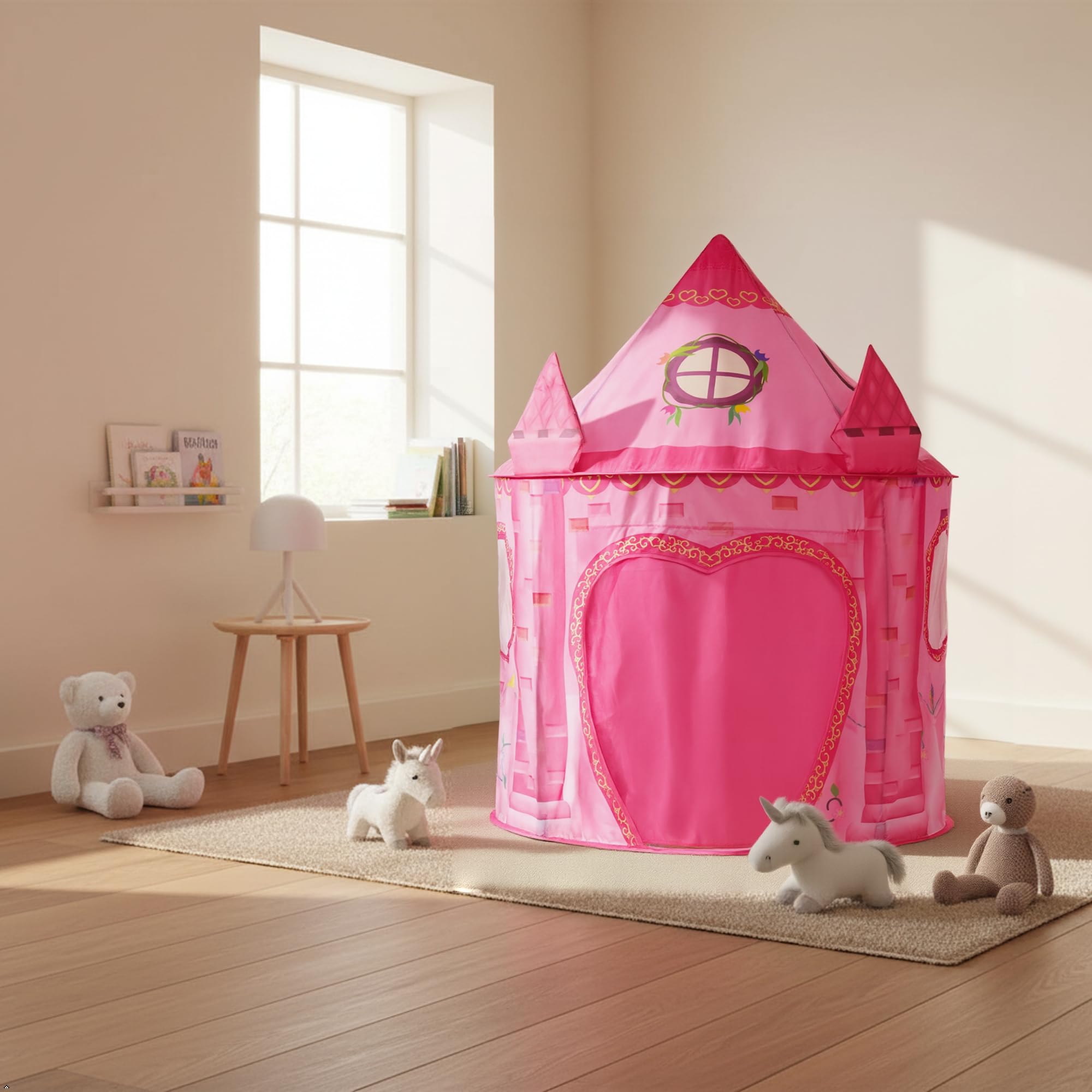 Tenda per bambini castello rosa da interno, pieghevole capanna da gioco