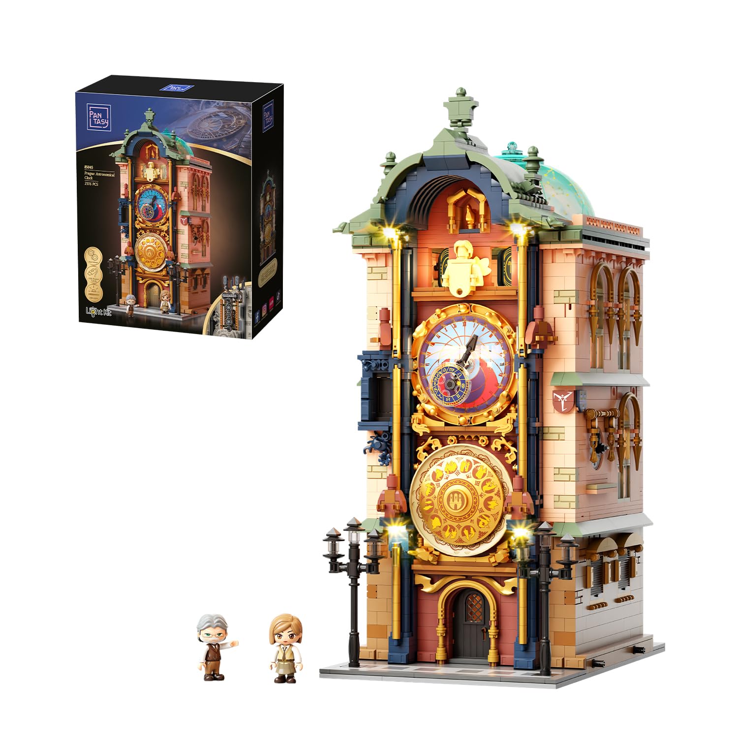 PANTASY Praski Zegar Astronomiczny Zestaw Klocków z Silnikiem i LED, Gotycki Model Architektoniczny, Ruchome Mechaniczne Tarcze, Kolekcjonerski Model dla Dorosłych