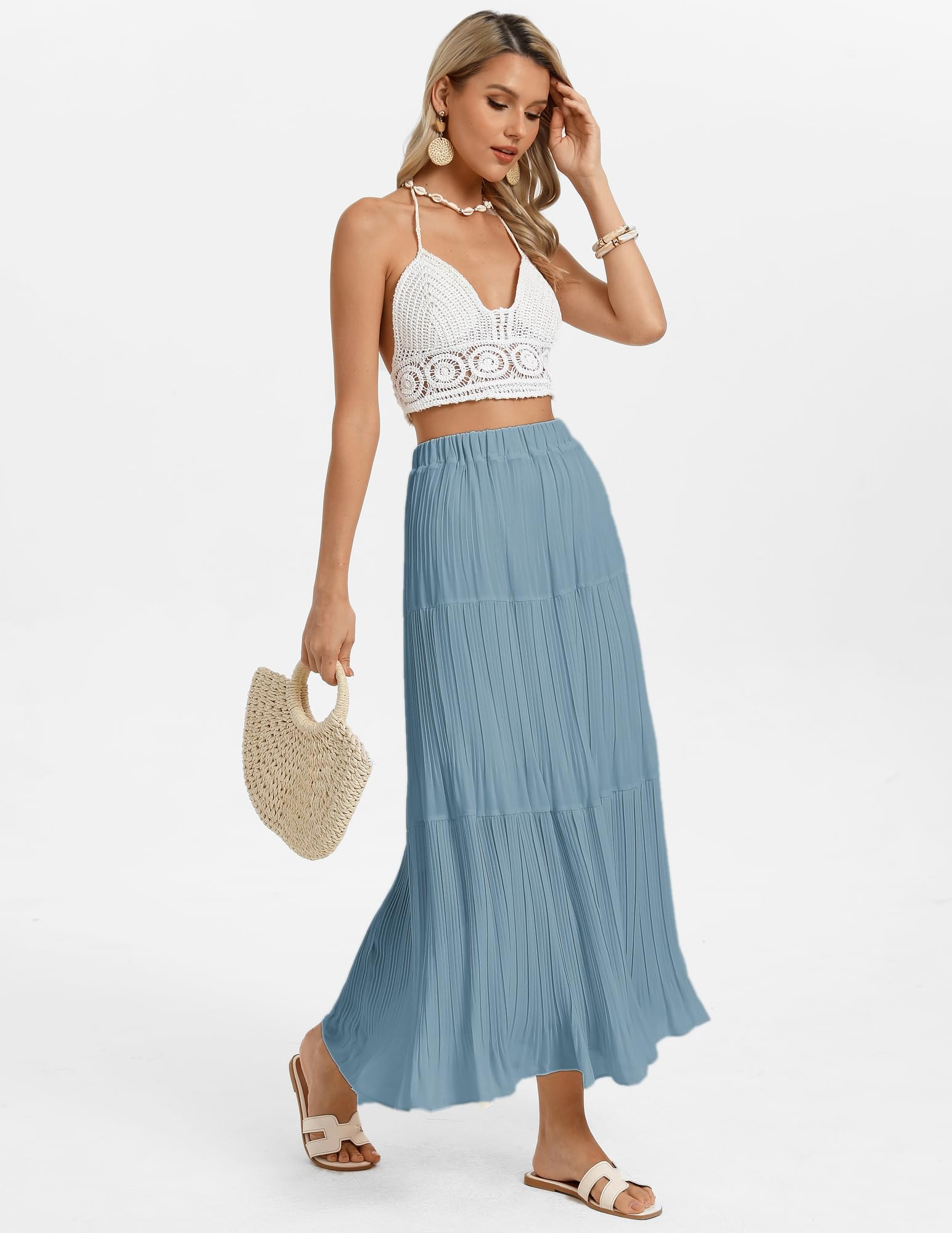 Kate Kasin Donna A-Line Increspature Maxi Gonna Elastico A Vita Alta Gonne Leggero Chiffon Fluente Primavera Estate Sci Vestito