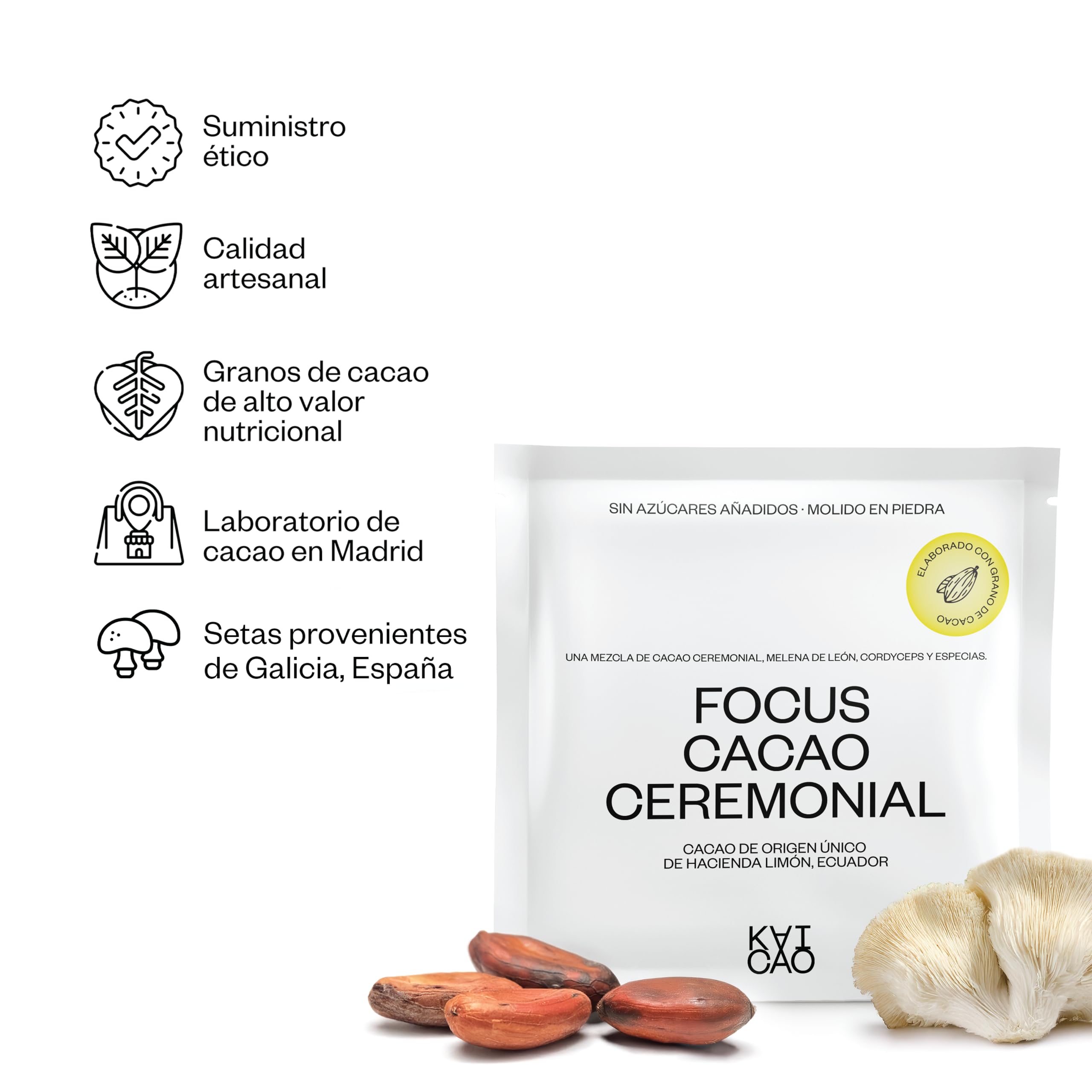 Kaicao Cacao Ceremonial Focus con Melena de León, Cordyceps, Jengibre y Cardomomo - Cacao Puro Triturado en Polvo, Origen Ecuador – sin Azúcar, Vegano, sin Gluten, Dieta Keto - 5 x 20gr