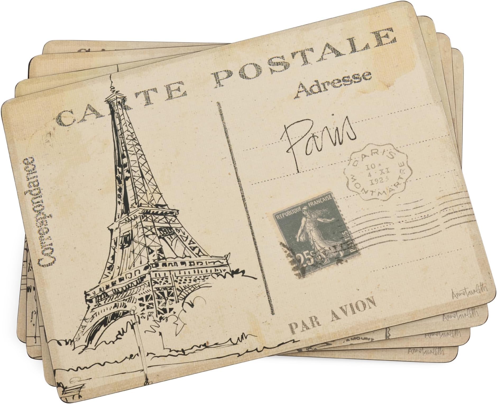 Pimpernel Postcard Sketches Collection Placemats, Set of 4 โ (15.7" x 11.7") Cork-Backed Placemats with Classic City Artwork Inspired by Paris, London, Rome & New York, Heat & Stain Resistant Surface