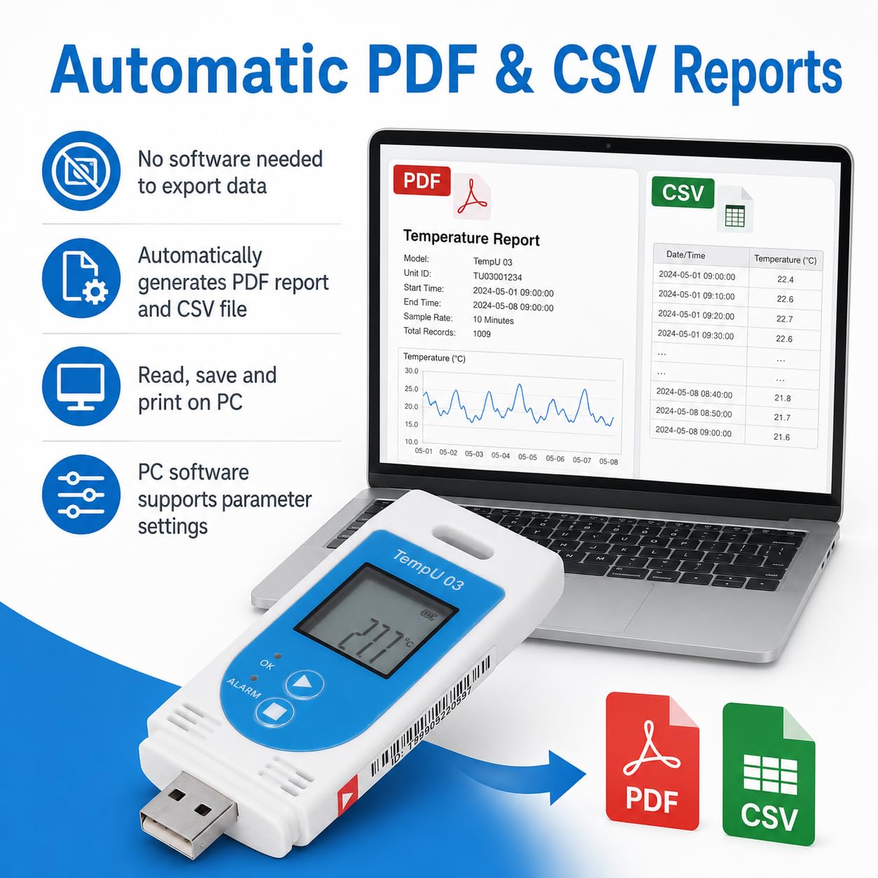 Logger Dati di umidità della Temperatura, Registratore a Doppio Parametro con Display LCD (-30 ° C a 60 ° C / 0-85% RH)-32.000 Punti Memoria, Report PDF/CSV Automatico,