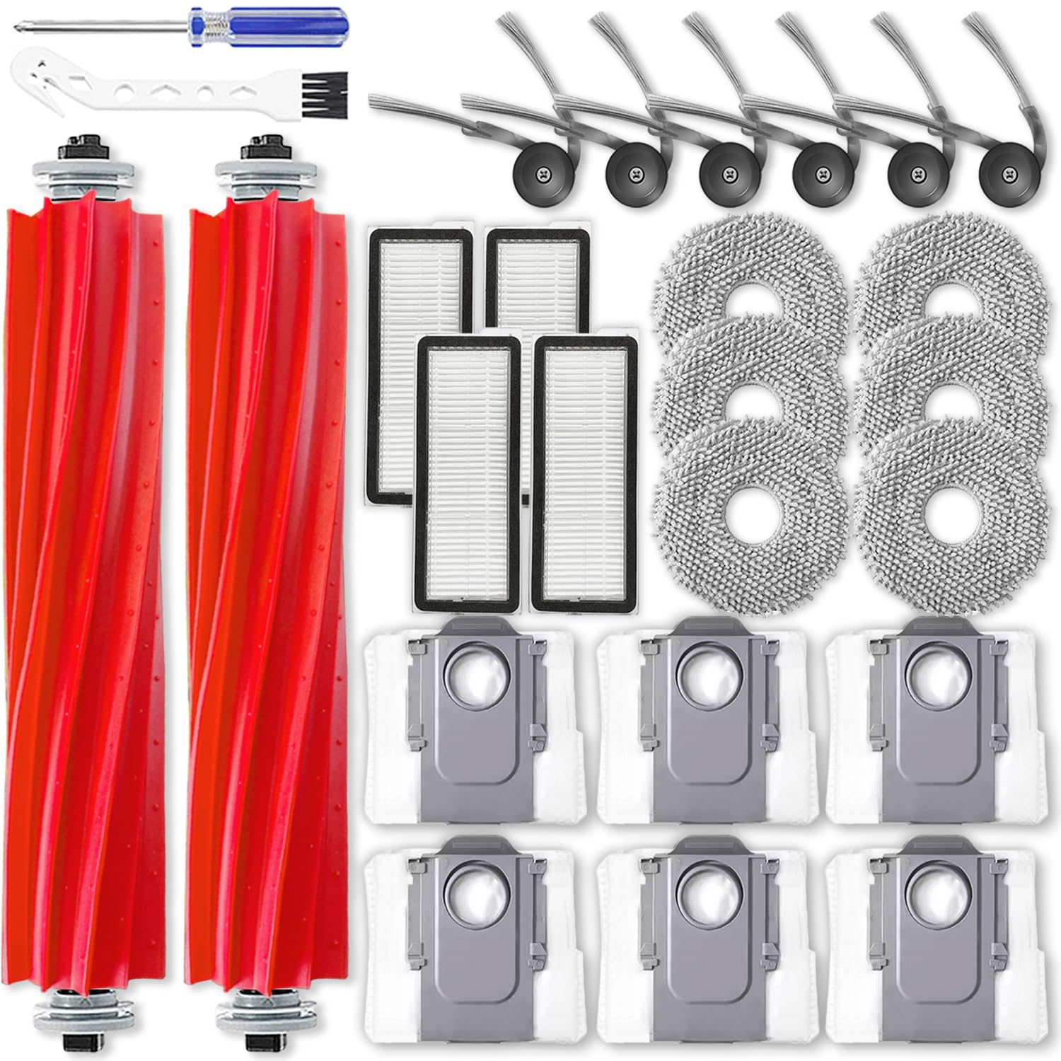 Kit de accesorios de repuesto XVXUOU compatible con las piezas del robot aspirador Roborock QV 35A QR 798: 2 cepillos principales, 4 filtros HEPA, 6 cepillos laterales, 6 paños de fregado y 6 bolsas para el polvo.