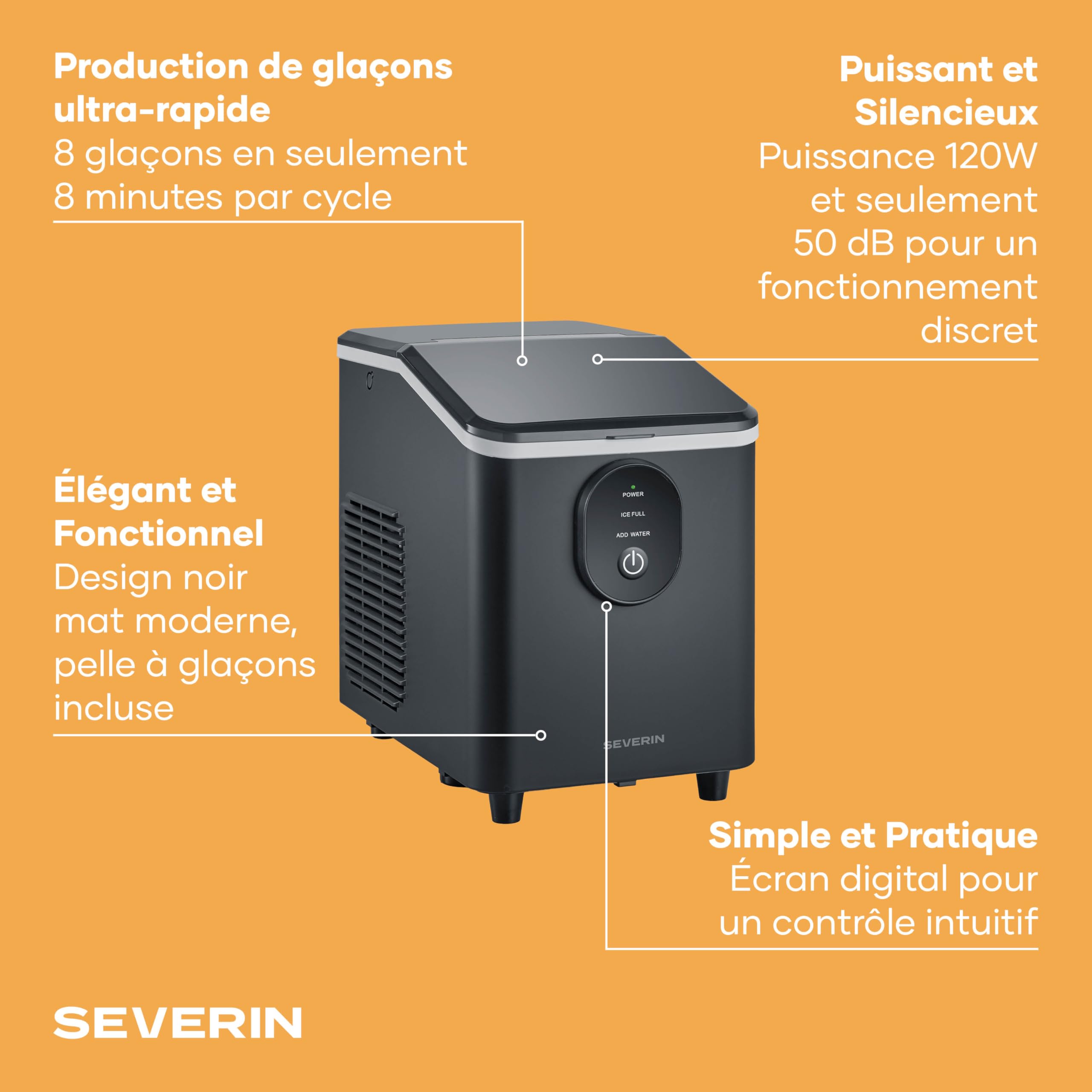 Severin Machine à glaçons - 8 glaçons en juste 8 minutes - Capacité 1,2 L – Facile à utiliser et à nettoyer - Arrêt automatique – Compact – Noir, EZ 7415