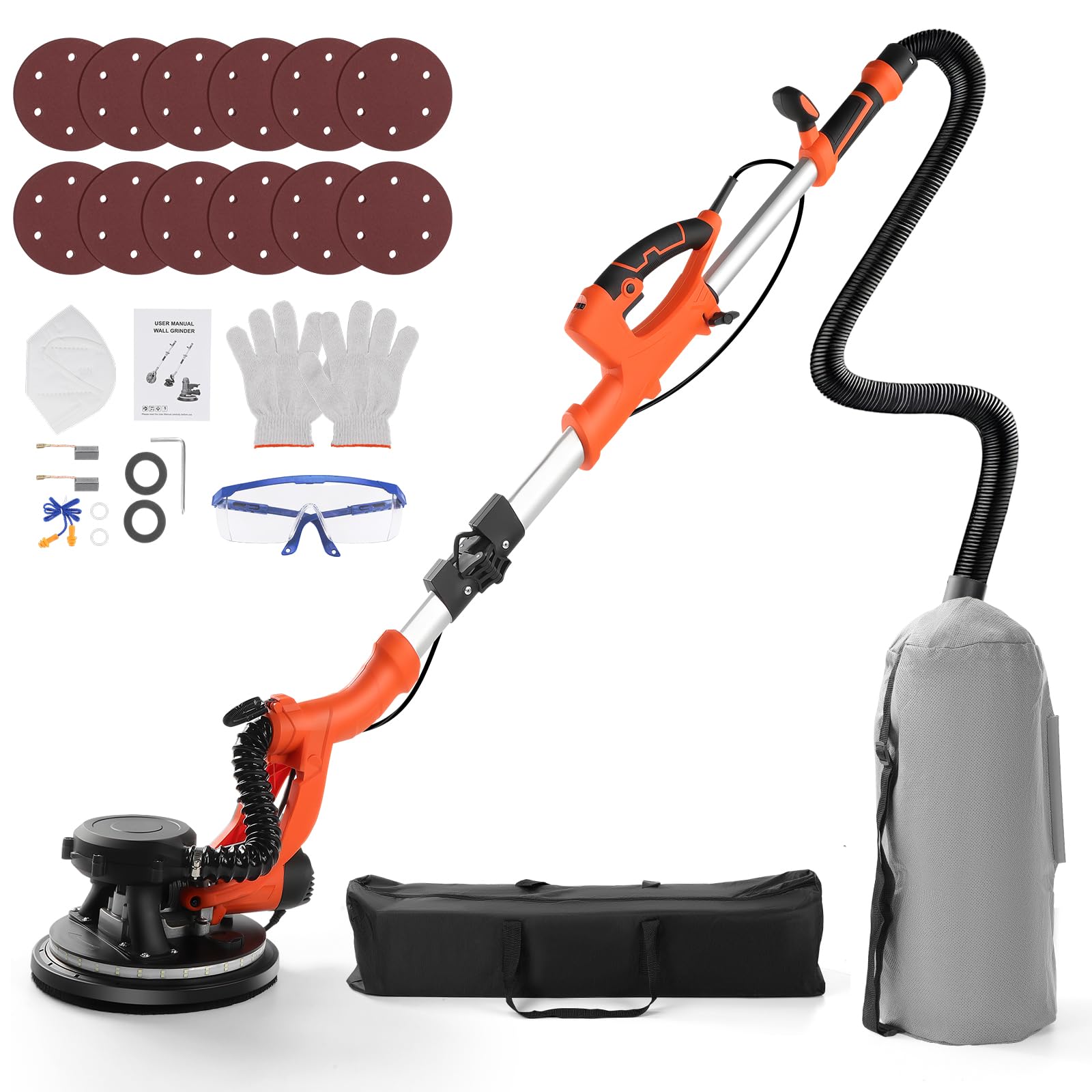 Trockenbauschleifer mit Absaugsystem, 1000W Deckenschleifer zum Entfernen von Popcorn-Decken, 1000-2100RPM, 5 Variable Geschwindigkeiten, LED-Licht, Faltbar & Ausziehbar, 12 Schleifscheiben, 220V