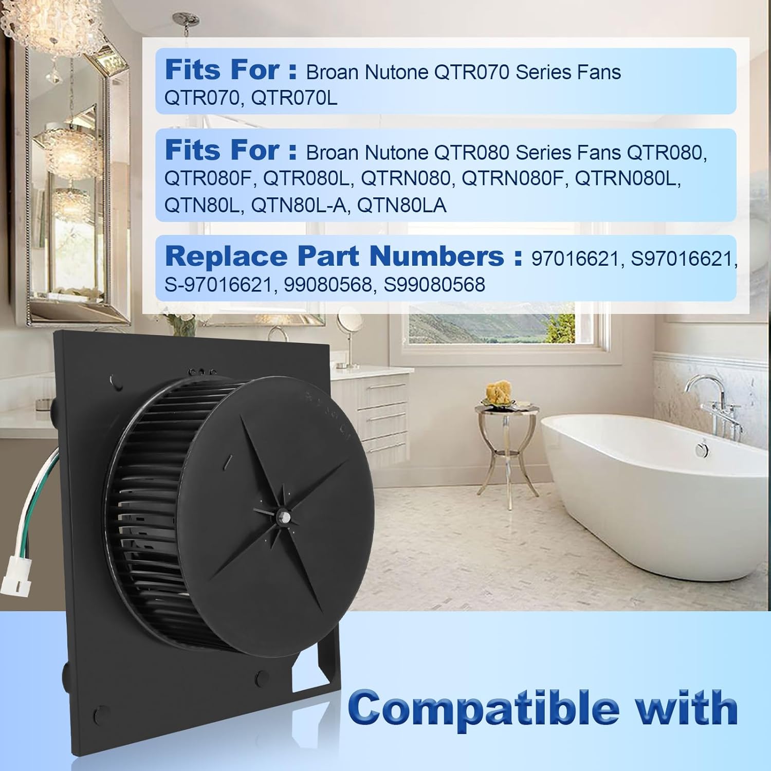 S97016621 Fan Motor Replacement Assembly Compatible with Broan Nutone QTR070, QTR070L, for Broan QTR080, QTR080F, QTR080L, QTRN080 99080568 Bathroom Exhaust Fan Replace 80 CFM