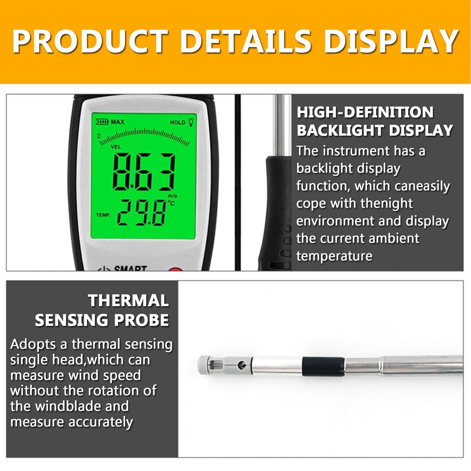 Anemómetro Térmico, Medidor De Velocidad del Flujo De Aire, Medidor De Velocidad del Viento, Pantalla LCD Grande, Rango De Medición De 0 a 30 M/s, Ideal para Campanas De Flujo
