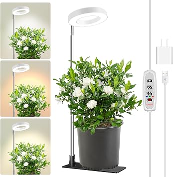 Aokrean Halo Grow Lights with Base for Indoor Plants Growing, Full Spectrum | 48 LEDs White 1-Pack, 2 Installation Ways, 6.5-26 in Height Adjustable, 3 Lighting Modes, Auto Timer 3/9/12Hrs, 10 Brightness