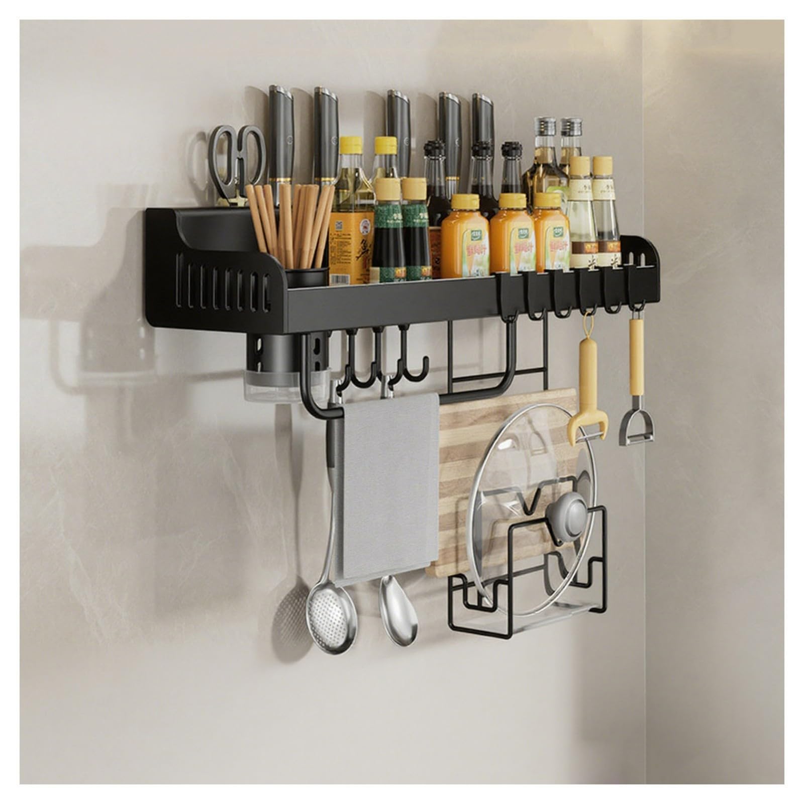 HADECOLL Kitchen Spice Rack Organizer With Hooks, Knife Holder, Carbon Steel Shelf For Spatulas, Towels, Spice Jars, Black,Black-40cm