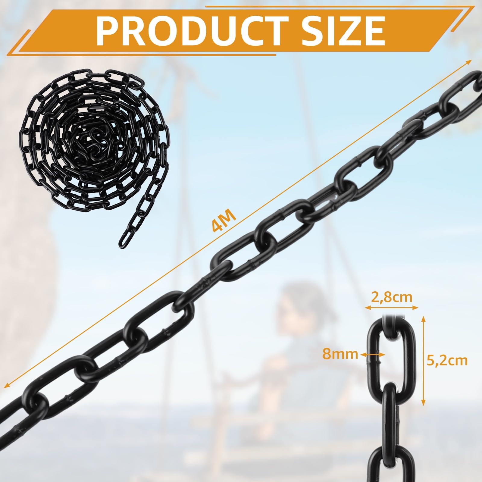 Chaîne en acier au mètre - 8 mm x 4 m - Chaîne à maillons au mètre - Chaîne en acier noir en acier au carbone - Chaîne en métal pour chien - Chaîne à bascule - Chaîne d'ancre - Fauteuil
