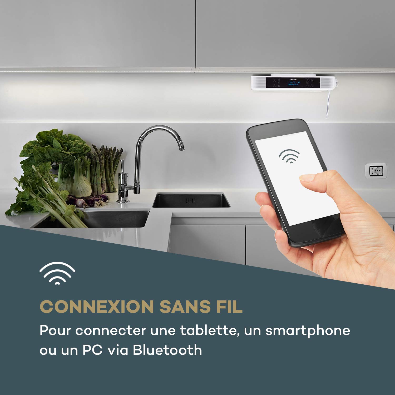 AUNA KR-140 - Radio de Cuisine encastrable, Bluetooth, Radio Dab+, 40 Stations programmables, 2x3W RMS, Écran Tactile, Mains-Libres, Éclairage LED, Minuterie de Cuisson - Blanc