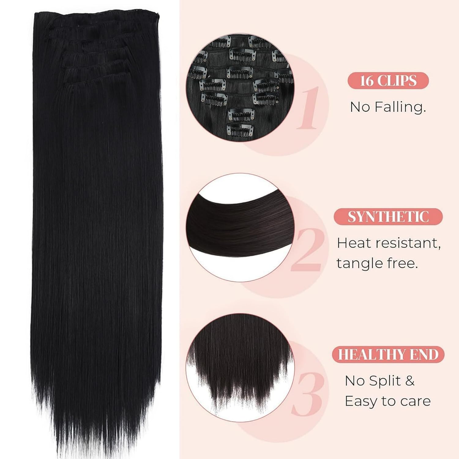 Seamless Clip-in Hair Extensions for Women – 7 Pieces, 140g Premium Wig (US 24 Inch, Black)