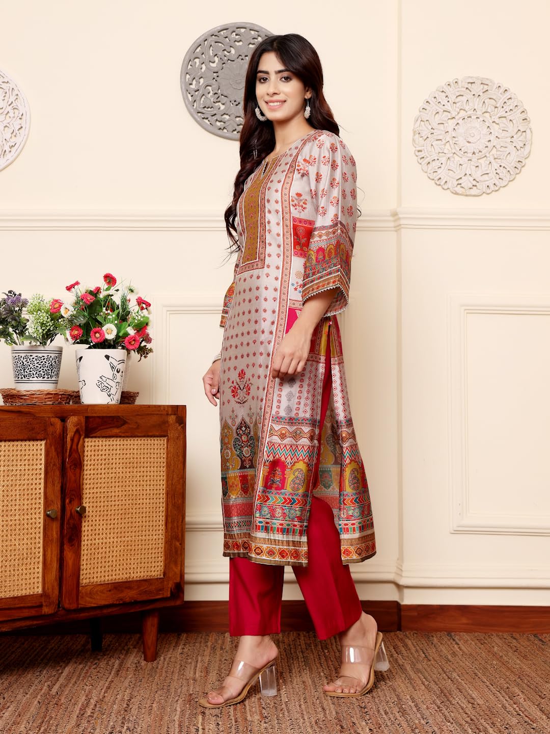 Varanga Women Grey Ethnic Floral Printed Gota Embellished Kurta With Solid Trouser  Stylish And Elegant Ethnic Set