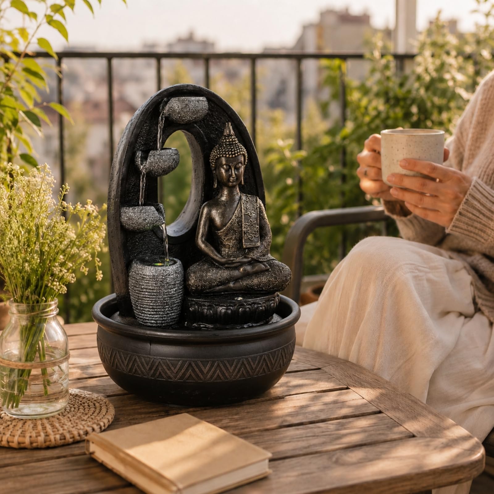 Fontaine d’Intérieur Bouddha Harmonie – Fontaine à Eau avec 2 Éclairages LED Colorés – Pompe Silencieuse – Statuette Amovible – Idée Cadeau pour Ambiance Zen et Relaxante – Hauteur : 40cm – Zen’Light