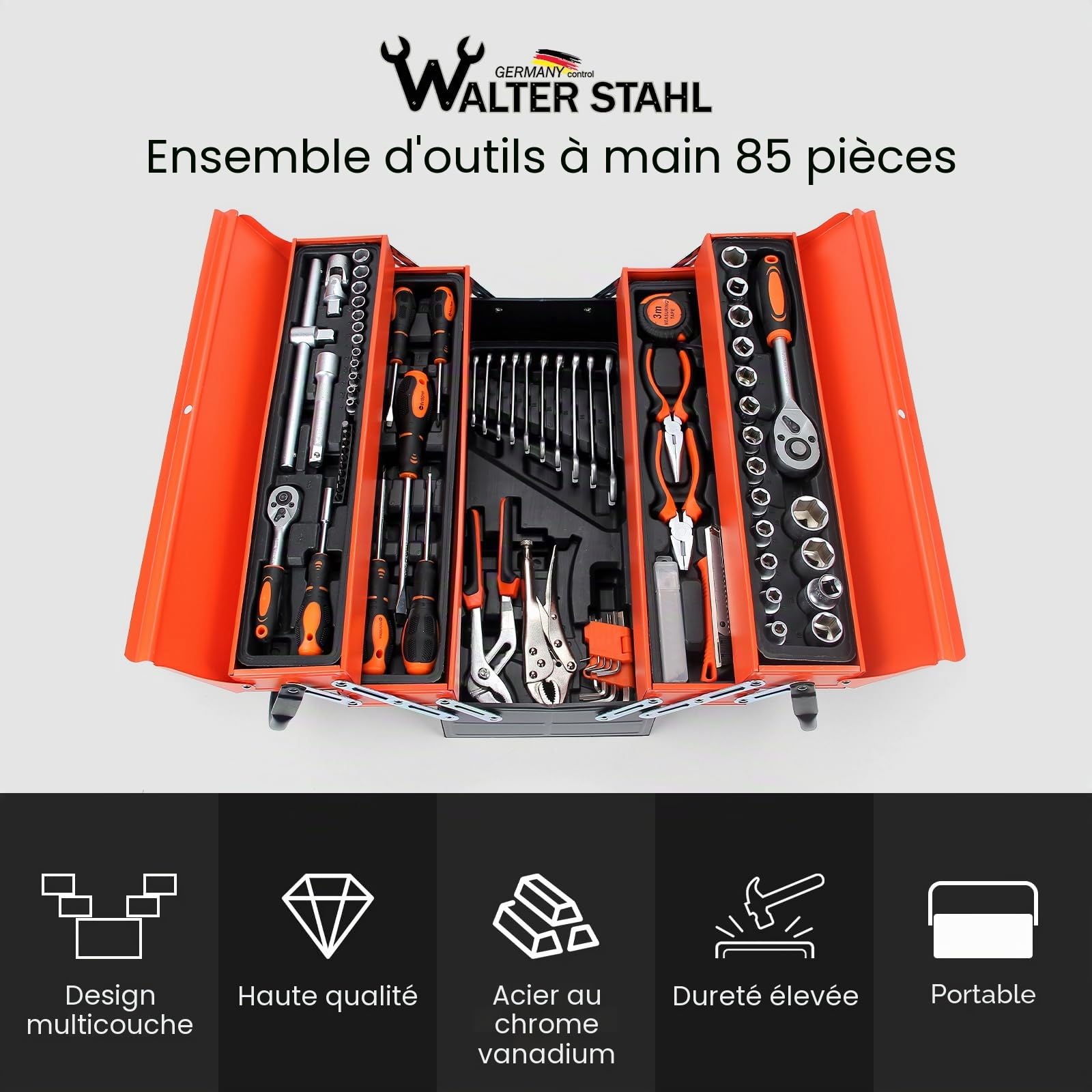 Walter Steel Caisse à Outil Complète 85 Pièces, Chrome Vanadium | Complète Portable avec Tournevis et Pinces - Kit d’Outils Idéal pour Maintenance Quotidienne à la Maison ou au Garage Orange