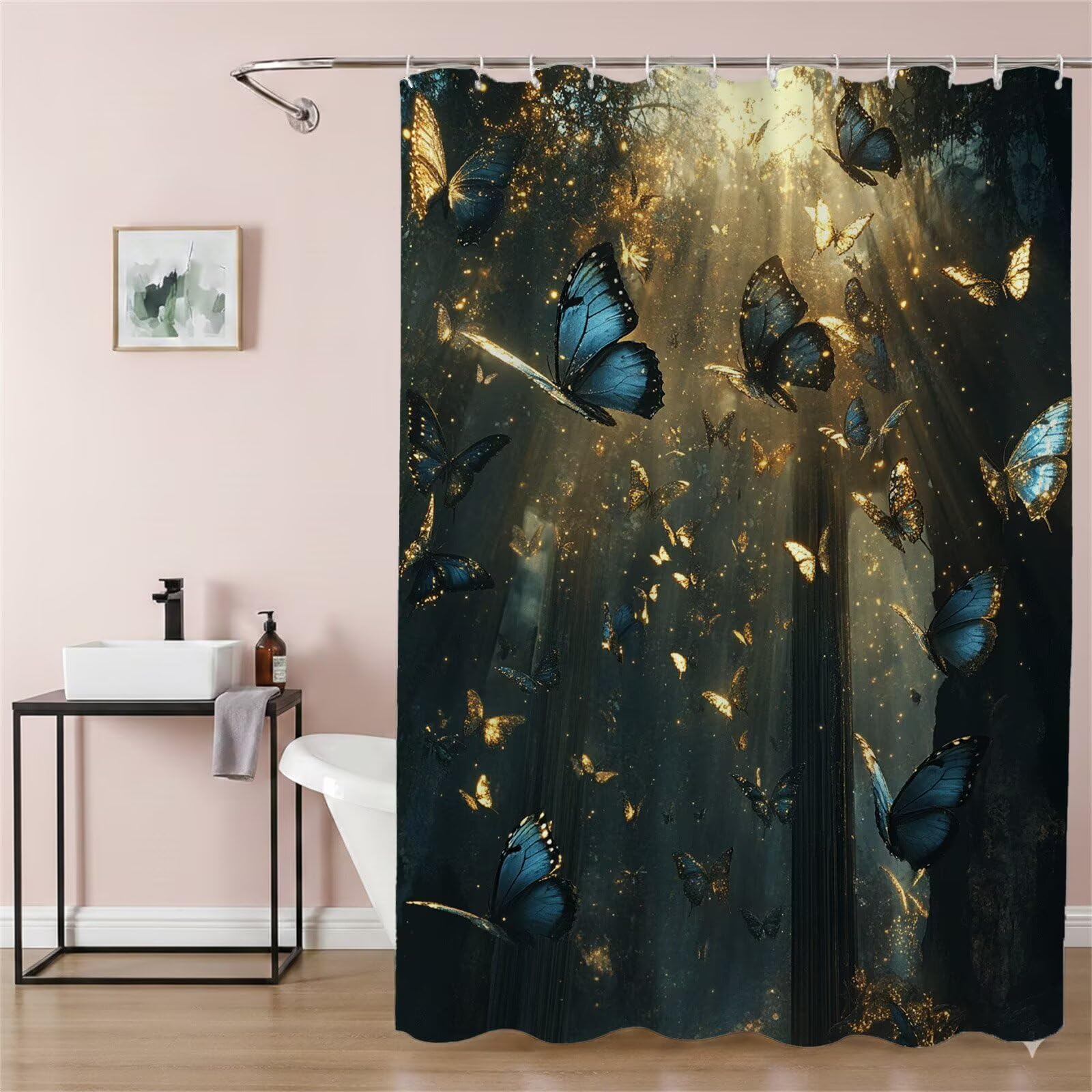 Duschvorhang 240x200 cm, Shower Curtains Schmetterling, Duschvorhänge Wald Wasserabweisend, Antischimmel, Waschbar Extra Breit Polyester Stoff Badevorhänge mit 12 Ringe, für Badewanne 9Q-220