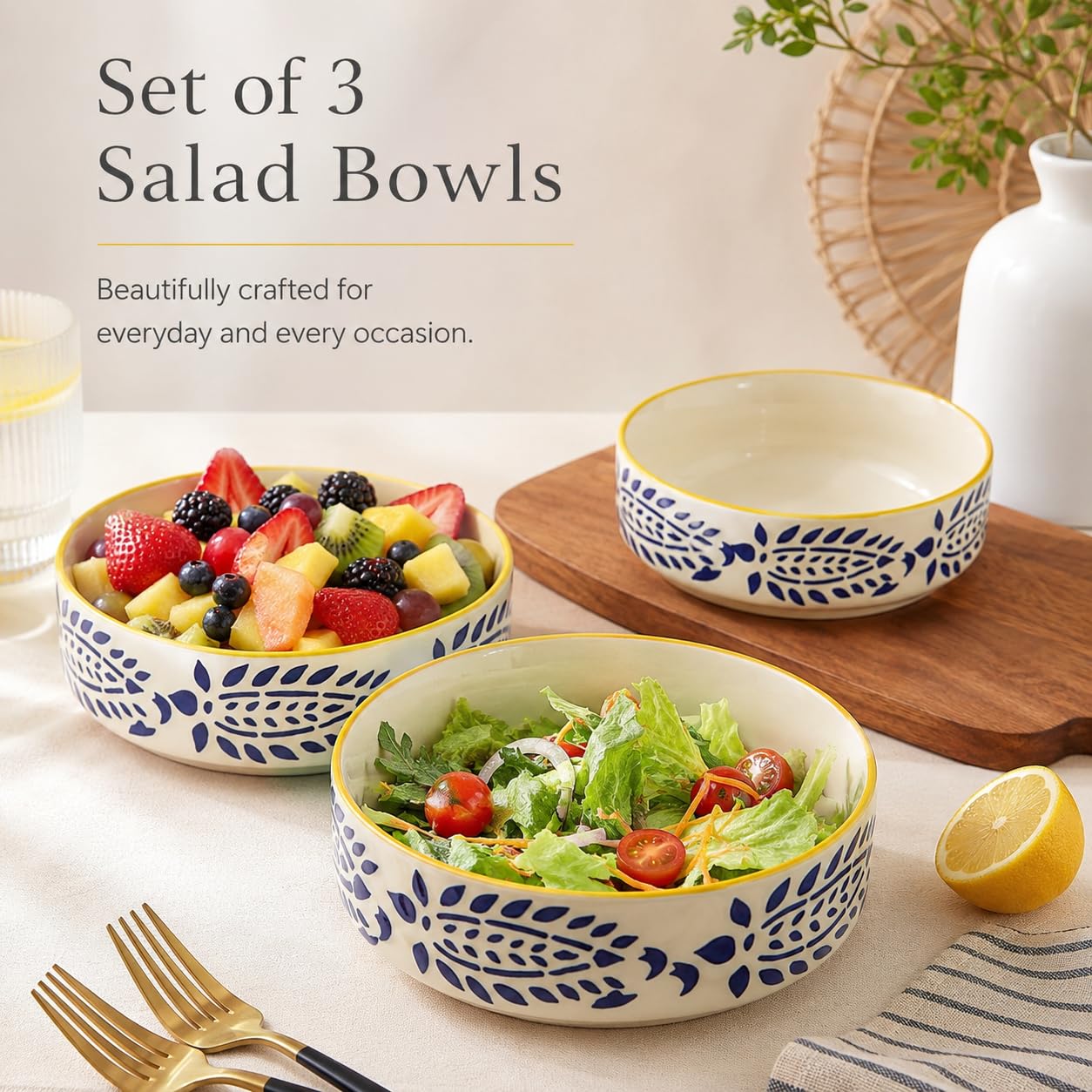 Praahi Lifestyle Premium Ceramic Salad Bowl- Serving Snacks Ceramic Plates - Set of 3- Stackable Sizes (5.5 inch, 6.5 inch, 7.5 inch) Microwave Safe, Yellow and Blue | Best Gift 1