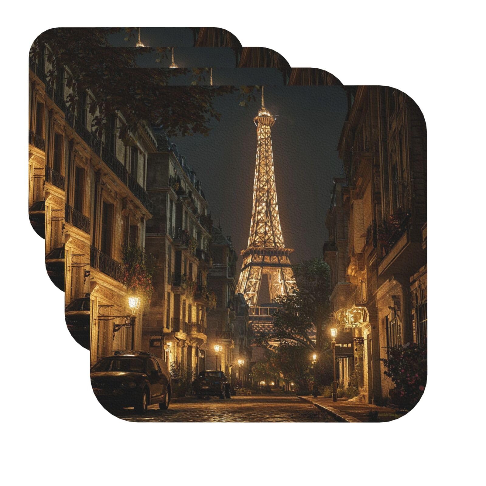 Drink Coasters Set of 4 Quick-Dry Leather Coaster Night Paris Eiffel Tower Coasters for Drinks Coffee Cup Mat Tabletop Protection Heat Resistant Coaster for Kitchen Bar Office Home Decor