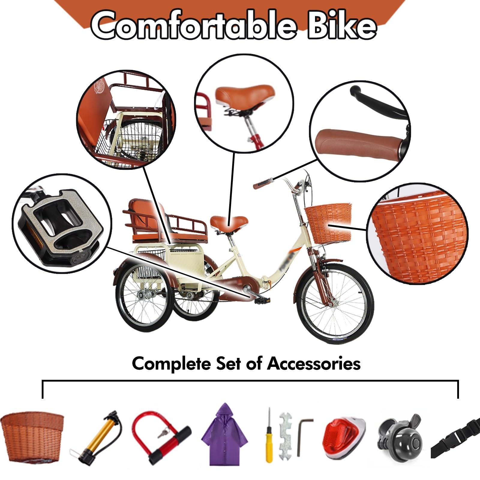 Adulti Tricicli for adulti Bicicletta da crociera leggera a tre ruote, triciclo per adulti a due posti, bici a tre ruote per il trasporto di passeggeri e merci, bici da viaggio per genitori(Beige)