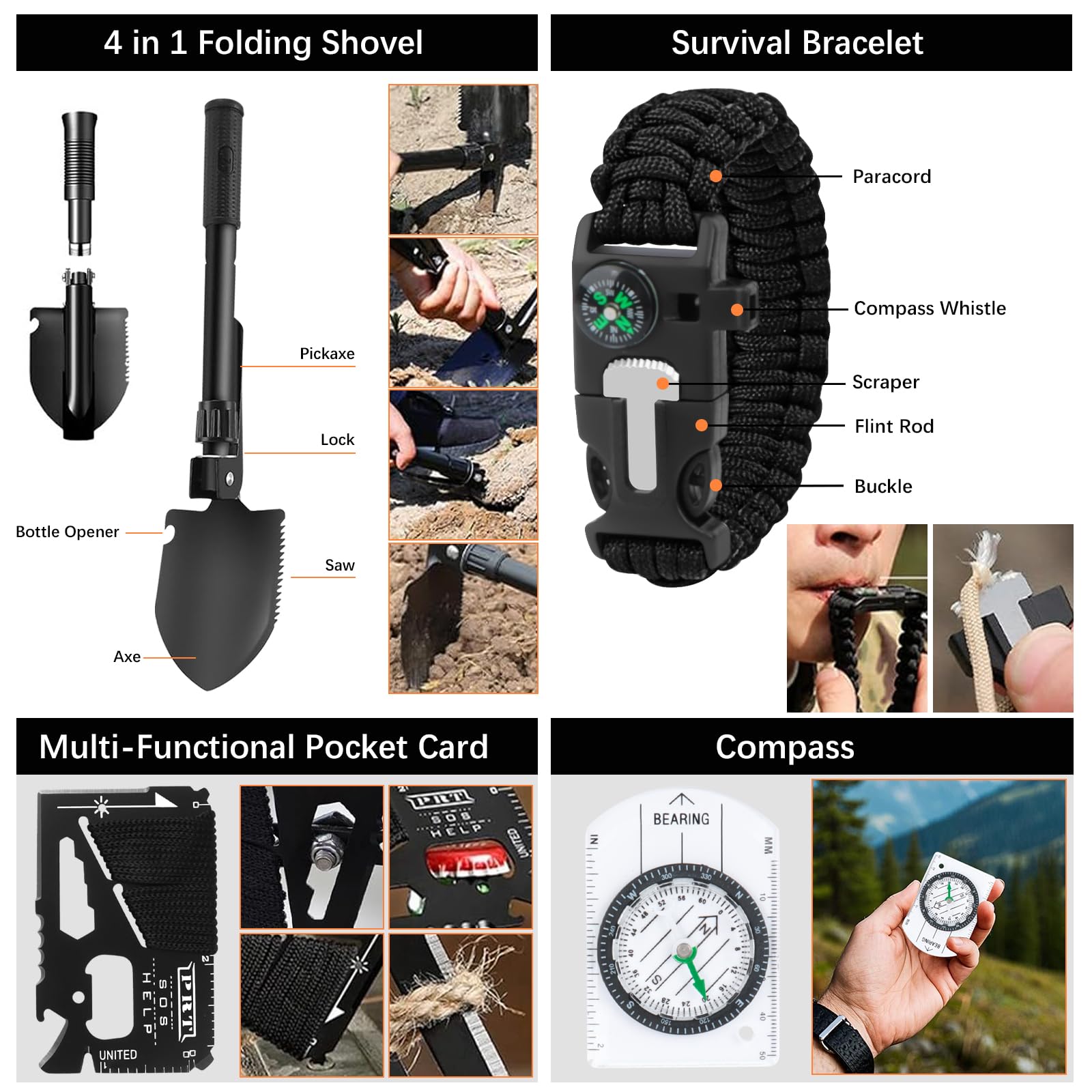 69 Piezas 30 en 1 Kit de Supervivencia con Botiquín de Primeros Auxilios, Manta de Emergencia y Brújula, Equipo de Supervivencia Profesional para Camping Senderismo Caza (69Pcs 29 in 1)