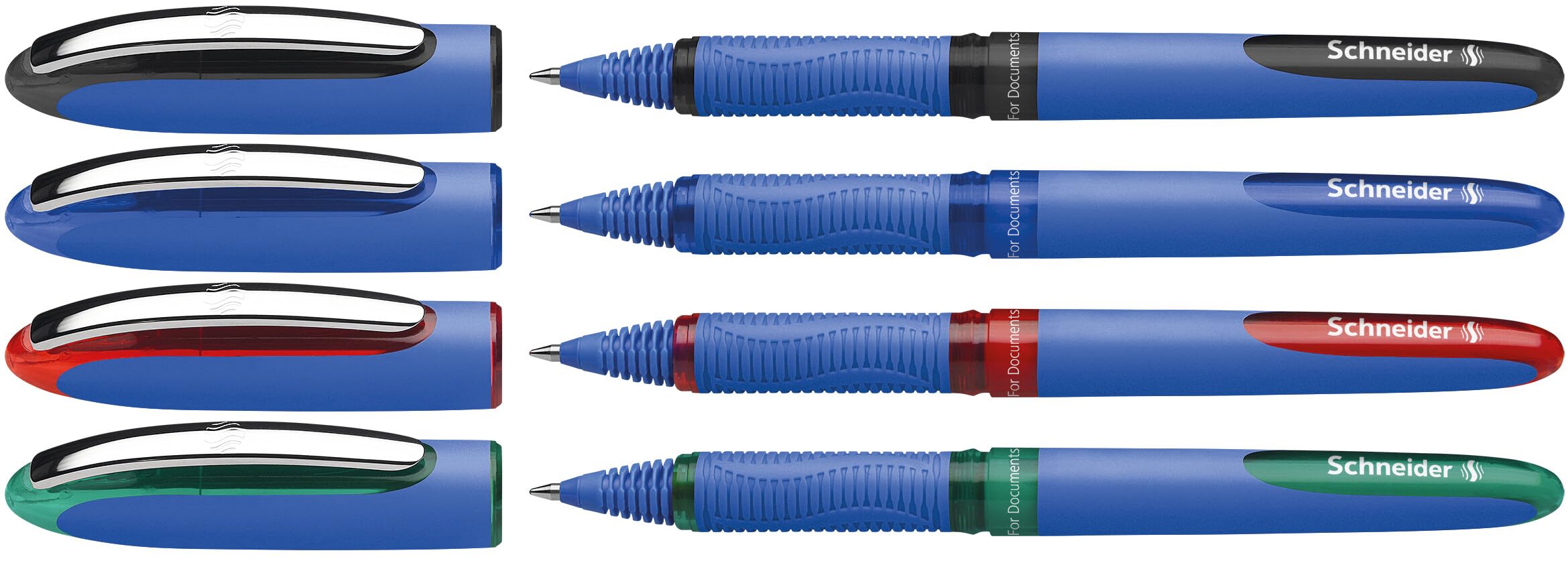 Schneider 183294 One Hybrid C 5 pióro kulkowe (odporne na dokumenty o grubości kreski 0,5 mm i końcówce hybrydowej), 4 sztuki, czarne, niebieskie, czerwone, zielone