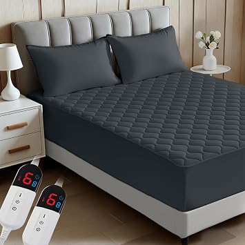 King Size Heated Mattress Pad - Quilted Zone Heating Electric Mattress Pad Cover Dual Controllers 6 Heat Setting, 1-10h Auto Shut Off, Machine Washable, Gray