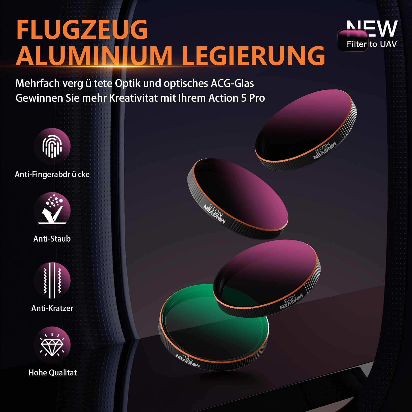 ND-Filter-Set für DJI Osmo Action 5 Pro, CPL + ND-Filter-Set, Kompatibel Mit Osmo Action 4/3 Zubehör, 4er-Pack (CPL, ND8, ND16, ND32)