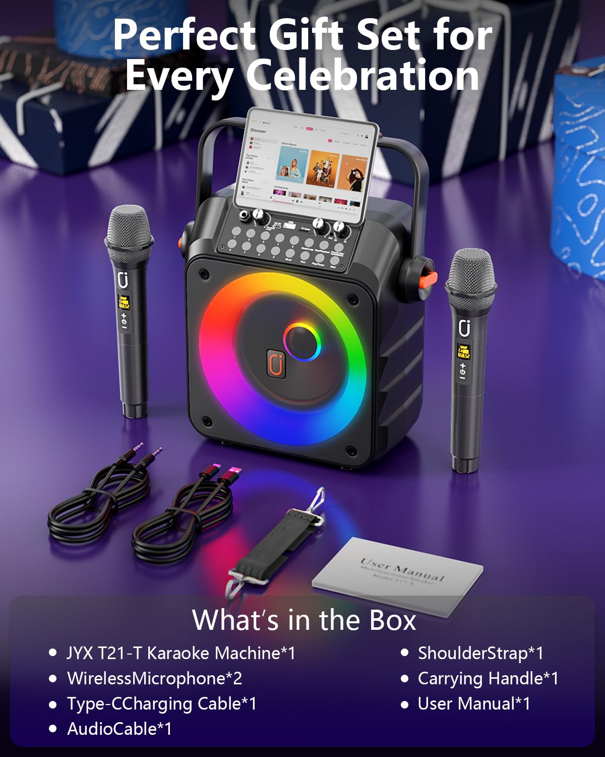 JYX Karaoke con 2 Microfono per Adulti, 150W Cassa Bluetooth Potente | Altoparlante Portatile Bluetooth 5.3, Sistema PA Altoparlanti Amplificato con Supporto REC/USB/TF/AUX, Adatto per Feste