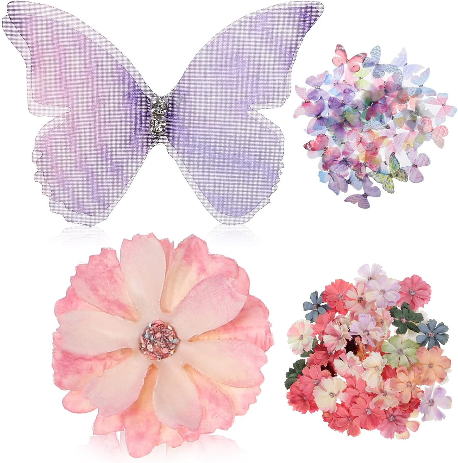 HOMSFOU Butterfly Flowers 100Pcs Set - 50 Mixed Color Double Layer Silk Flower Appliques and 50 Mixed Color Silk Butterflies for Crafts Home Decor Party Decorations