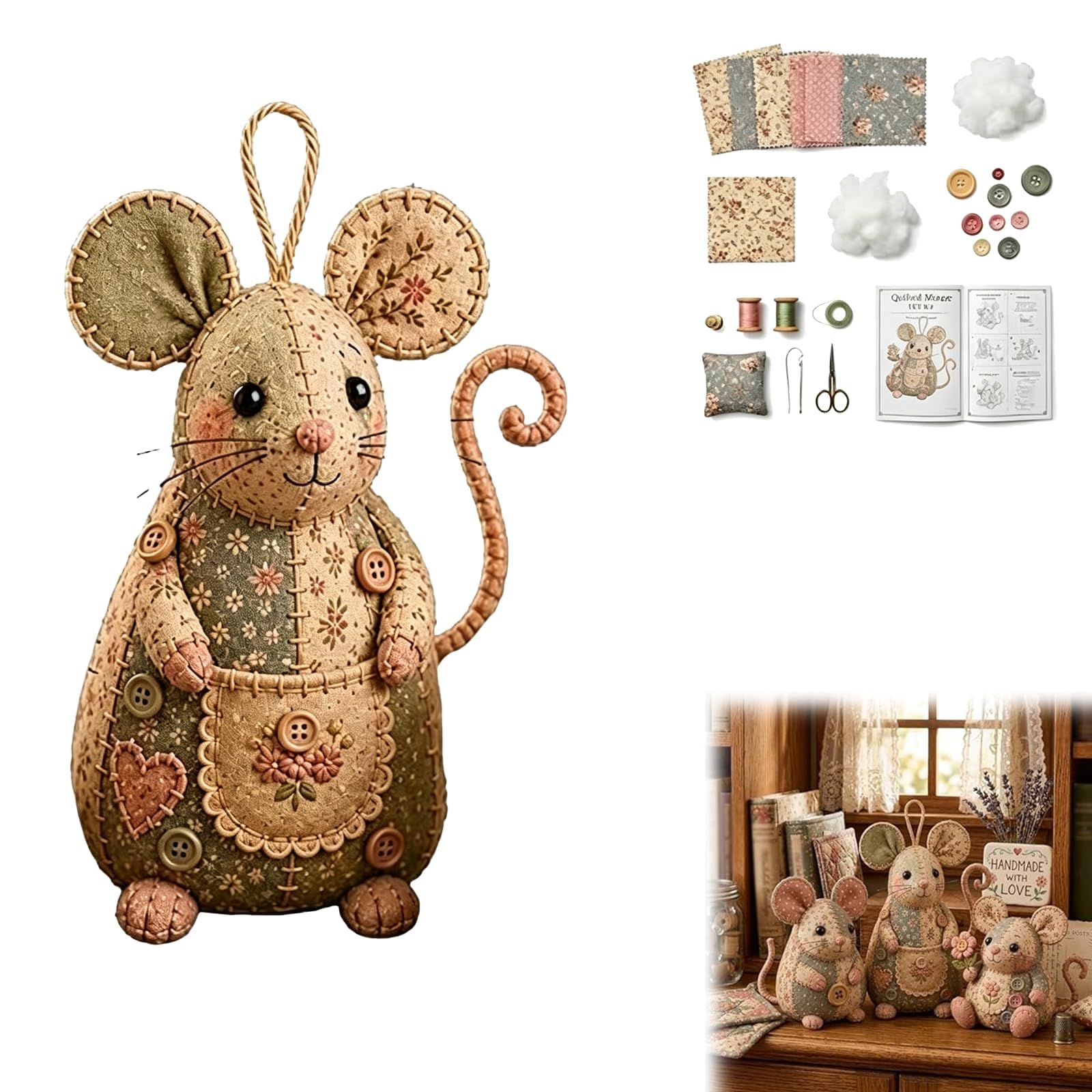 Bgdhinkt Vintage Patchwork Mouse Felt DIY Sewing Kit for Beginners, Complete Craft Set with Pattern & Guide, Cute Animal Handcraft Birthday Gift (A-2)