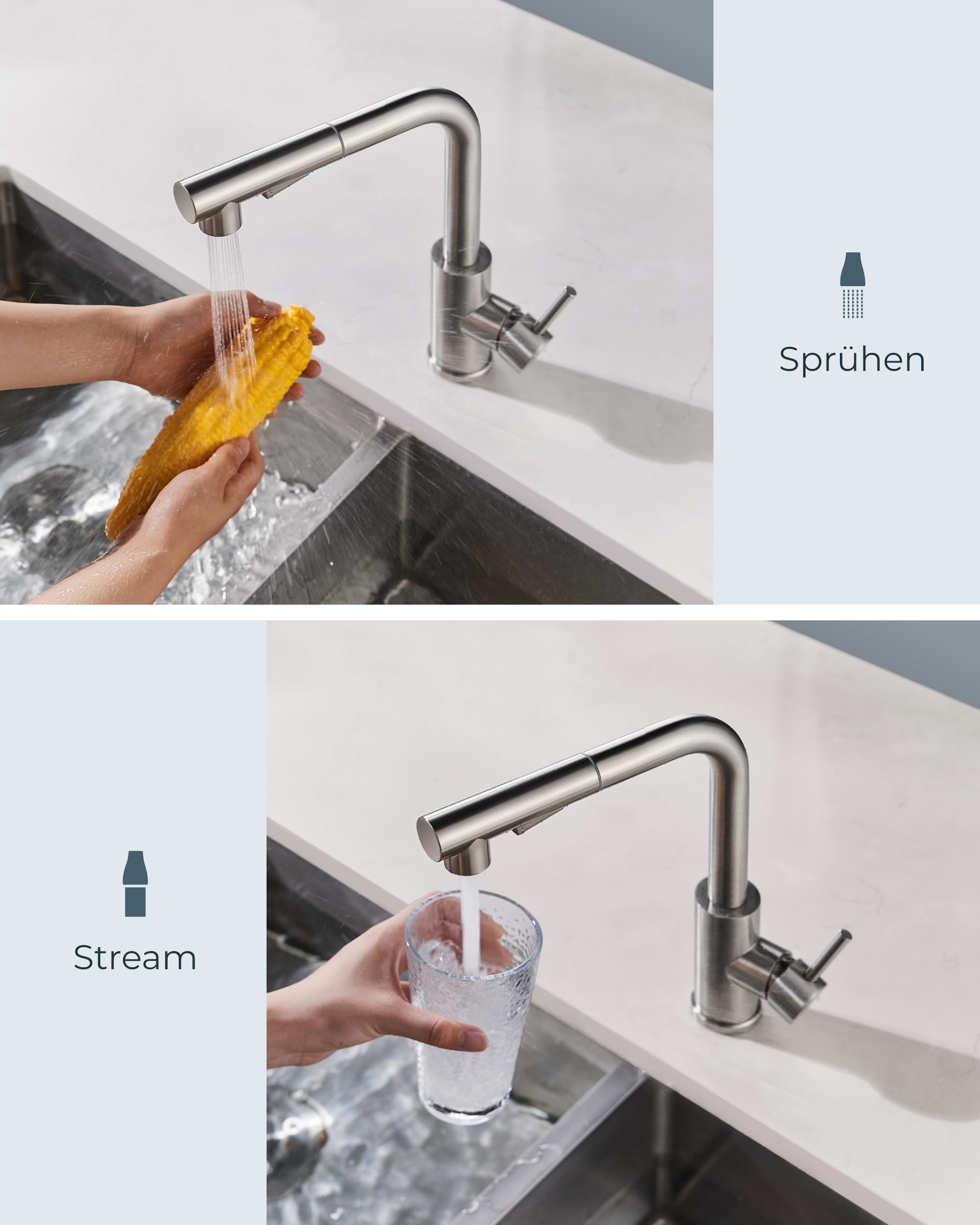 FORIOUS Wasserhahn Küche, Küchenarmatur Ausziehbar mit Brause, Spültischarmatur Küche, L-förmiger Edelstahl Mischbatterie Armatur, Zwei Sprühfunktionen, 360° Schwenkbar