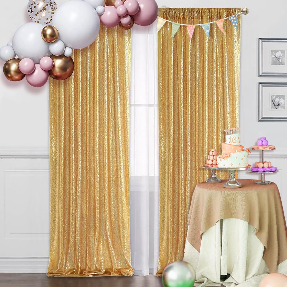 SquarePie Sequin Backdrop Curtain Not See Through Background for Wedding Party 2FT x 8FT 2P Gold