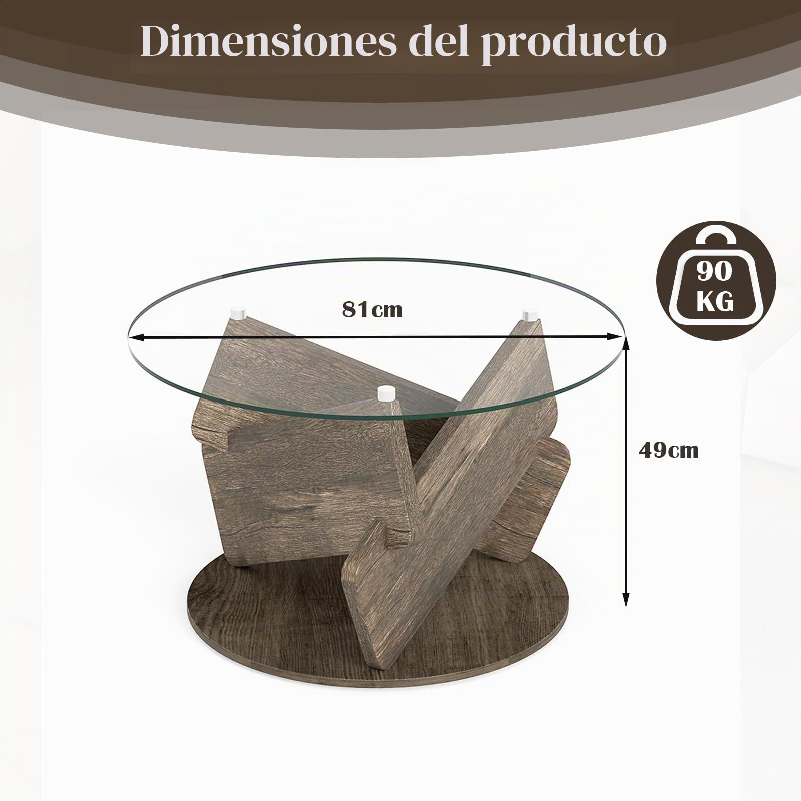 LIFEZEAL Mesa de Centro Redonda con Tapa de Vidrio Templado Transparente，Mesa Auxiliar Moderna Decorativa con Patas de Madera Sólida, Mesita Auxiliar Rústica para Espacios Pequeños (Gris)