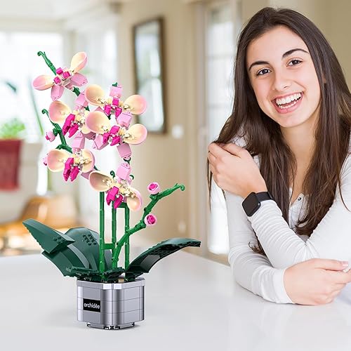 Miniatura 2 de Juego de construcción de plantas artificiales de orquídeas con ramo de flores, árbol bonsái, decoración del hogar, regalo para adultos, colección