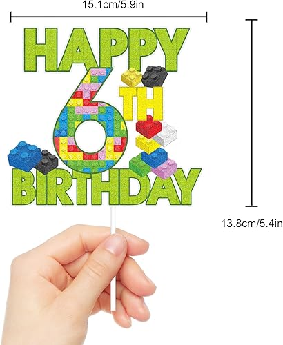 Miniatura 4 de Decoración de pastel de bloques de construcción de feliz 6 cumpleaños  Juegos de rompecabezas para niños 6 cumpleaños fiesta de cumpleaños verde