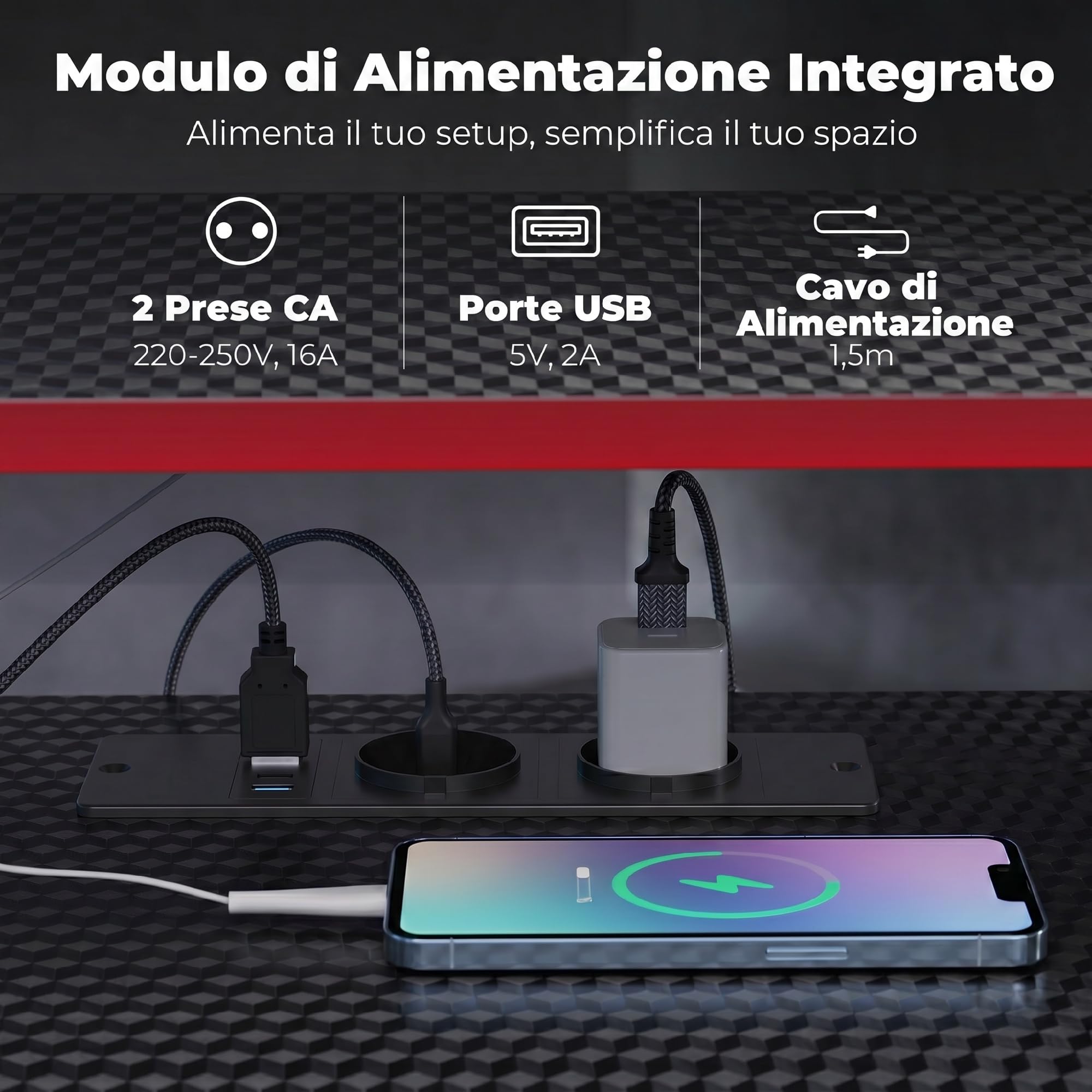 HOMCOM Scrivania Gaming Angolare Tavolo ad L 128x128cm Nero Carbonio | Stazione di Ricarica, Supporto per PC, Gancio per Cuffie, Portabicchieri, Computer Ufficio Studio