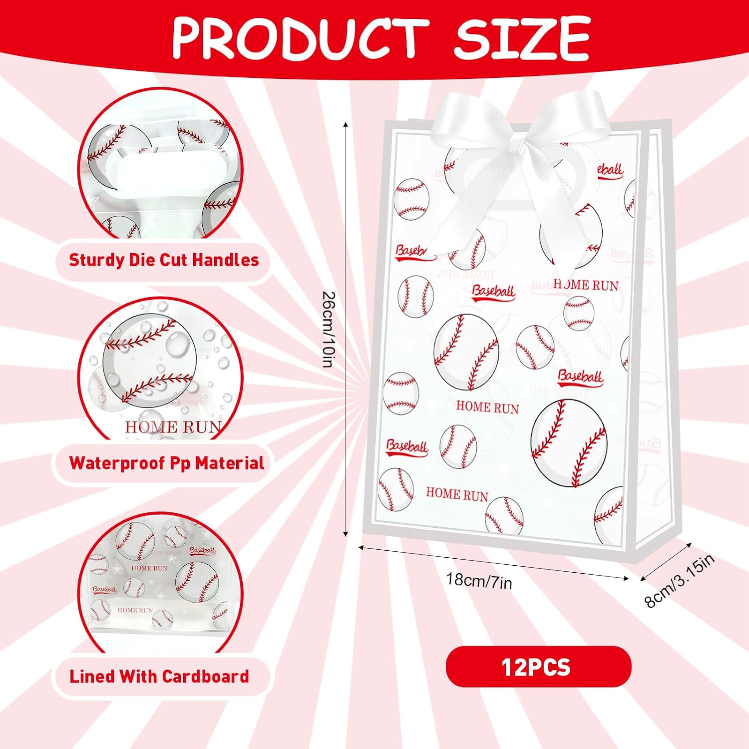 SZJINGCAI 12 PCS Baseball Clear Goodie Bag with Die Cut Handles and Ribbons Baseball Theme Party Favor Bags for Team Snack Gifts Wrapping Birthday Sport Party Treats Supplies 7 x 10 x 3.15 Inch image 3