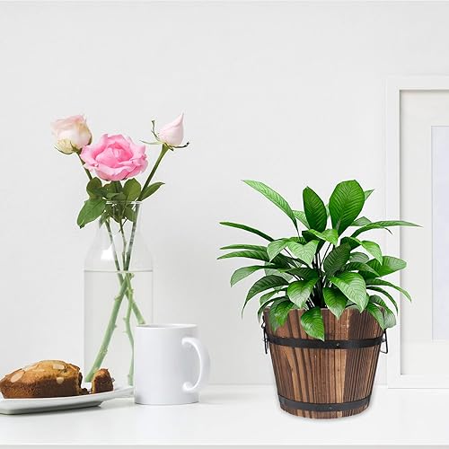 Miniatura 3 de DOITOOL Maceta rústica de madera en barril: cubo de madera para whisky, macetas para plantas de interior y exterior, contenedor para el hogar,