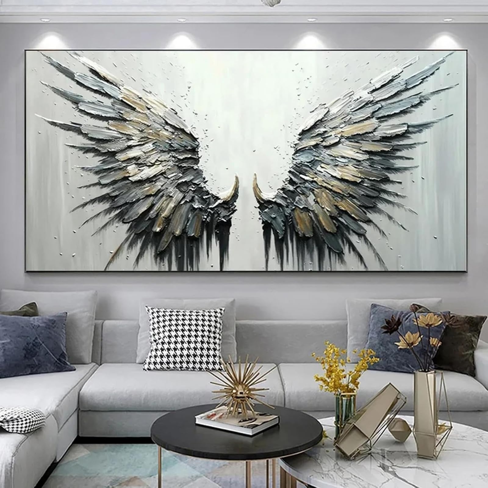 AWKFHF Abstract Black and Grey Feather Large Wings Canvas Pictures No Frame Painting Poster Art Print Living Room Bedroom Wall Decoration (80 x 160 cm, without Frame)