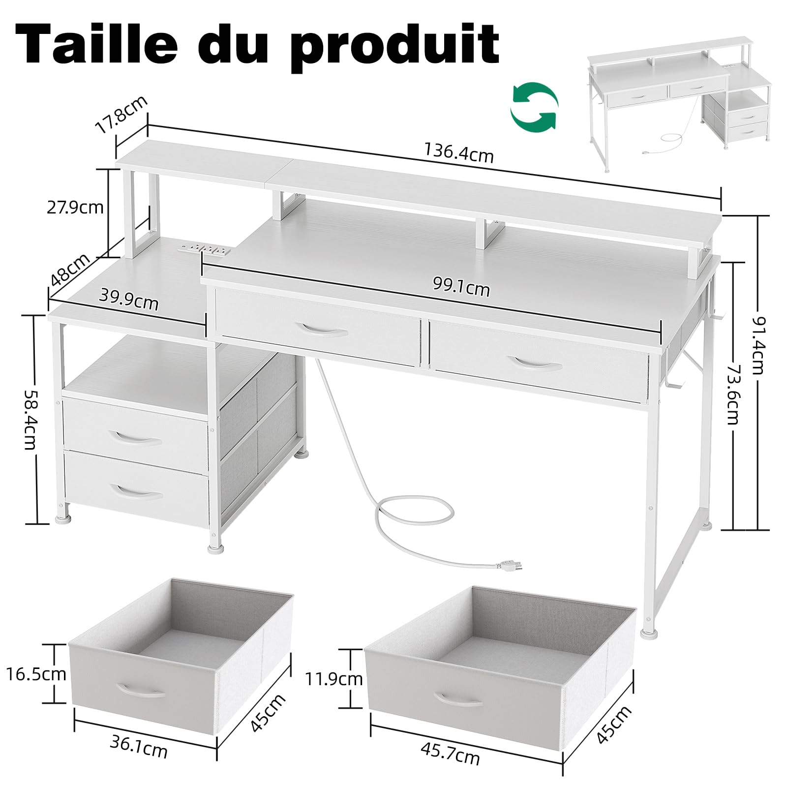 CAIYUN Bureau Gaming LED, Bureau Gamer avec Rangement, Bureau Gamer avec 4 Tiroirs & Prise Intégrée, Réversible Table Ordinateur avec Tablettes de Rangement & Support Moniteur (Blanc)