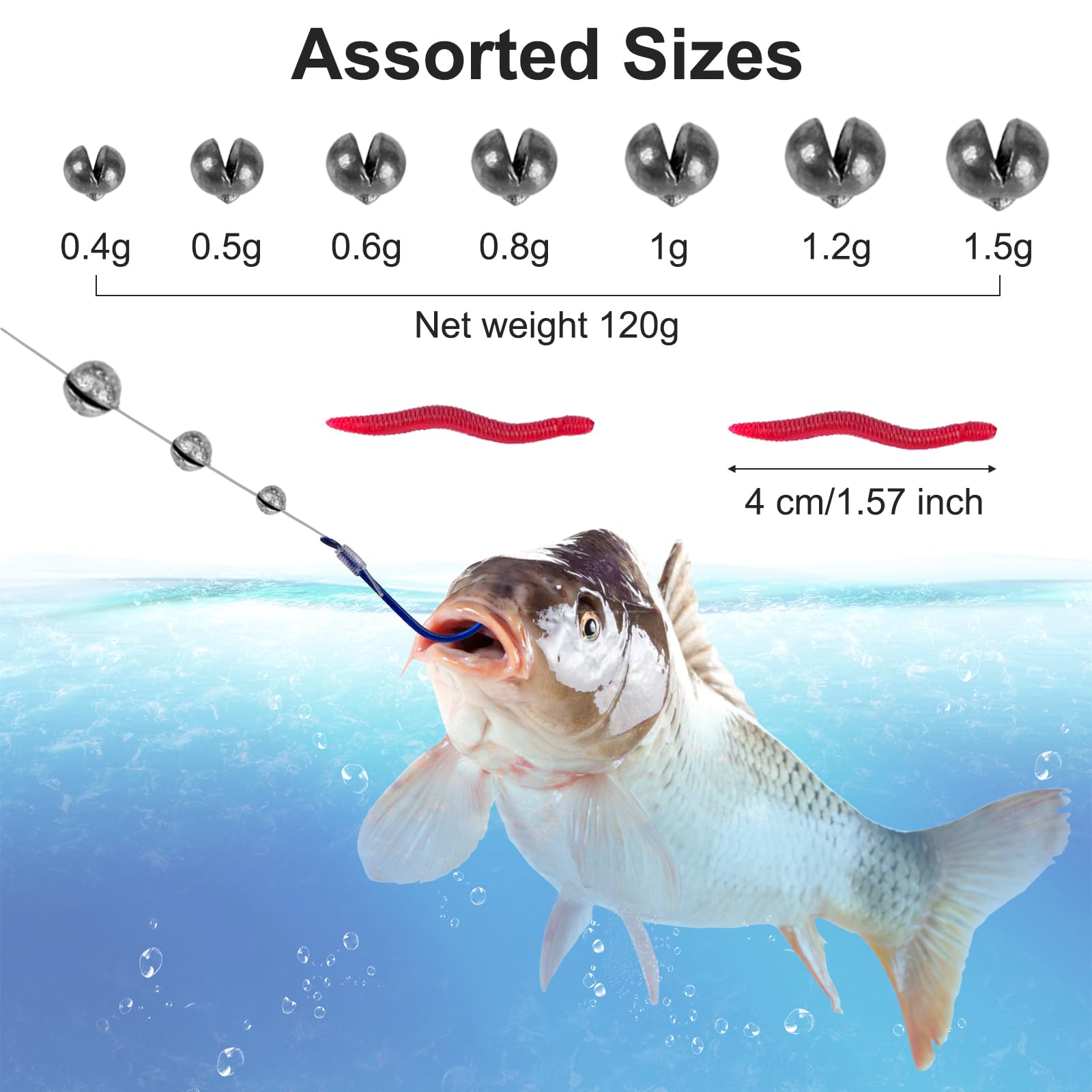 120 g Split Shot ciężarki wędkarskie, przynęta na złomy, z pudełkiem do przechowywania | Wszechstronny asortyment 0,4 – 5 g, akcesoria wędkarskie Dropshot, praktyczne pudełko na przynęty