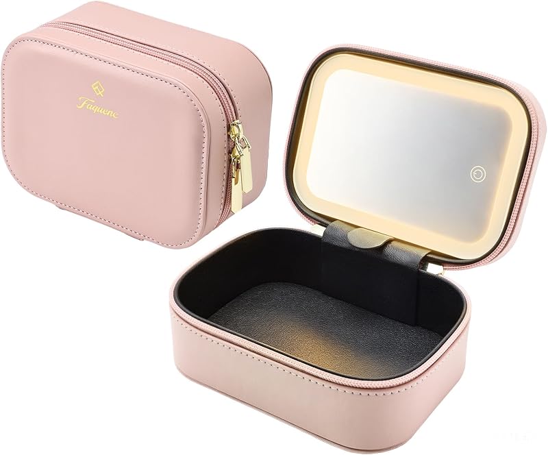 Faquenc Bolsa de maquiagem portátil com espelho LED removível, 3 modos de luz, brilho ajustável, couro sintético PU, rosa, M77F, 1 unidade