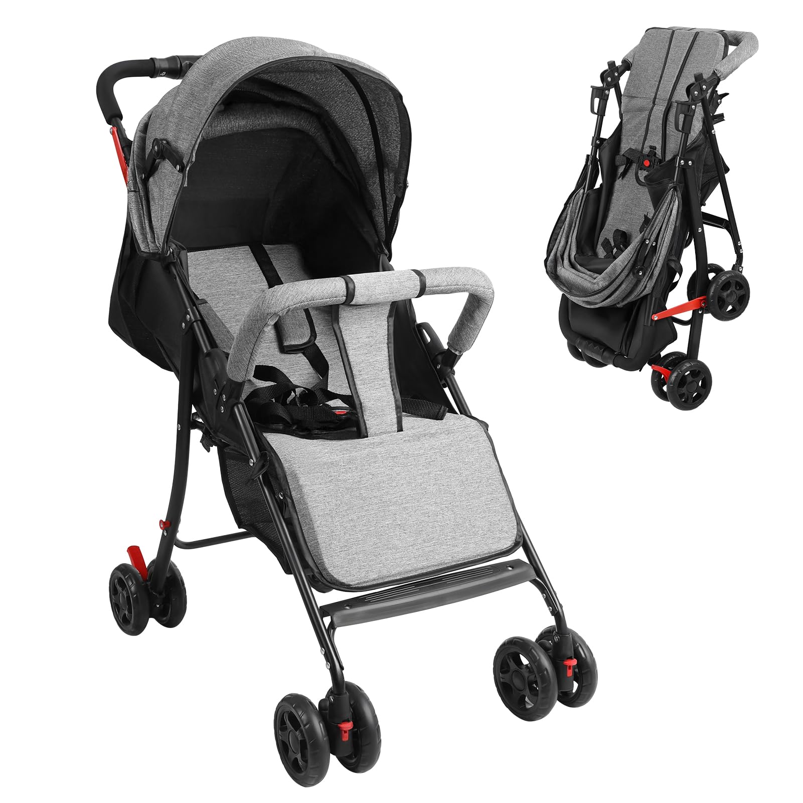 Poussette Bebe Voyage, Poussette Compacte Pliable, Poussette Canne Legere 4,2 kg, Pliage Une Main, Dossier Reglable, Harnais 5 Points, Capote Reglable, Panier Rangement, 0 a 2 Ans, 10 kg (Gris)