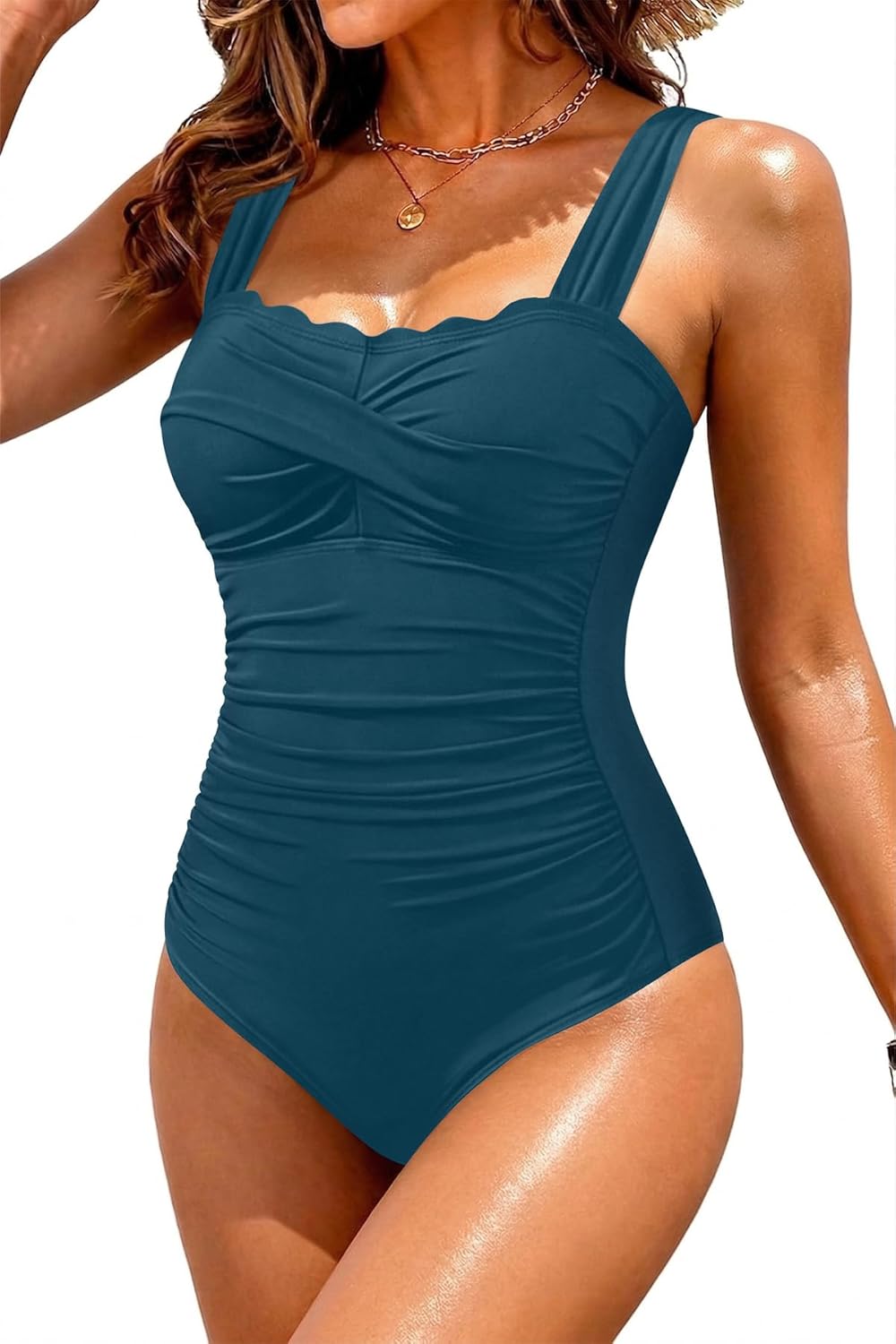 Tummy Control One Piece Swimsuits - Scalloped Vintage Bathing Suits for Women Square Neck Ruched Slimming 2026