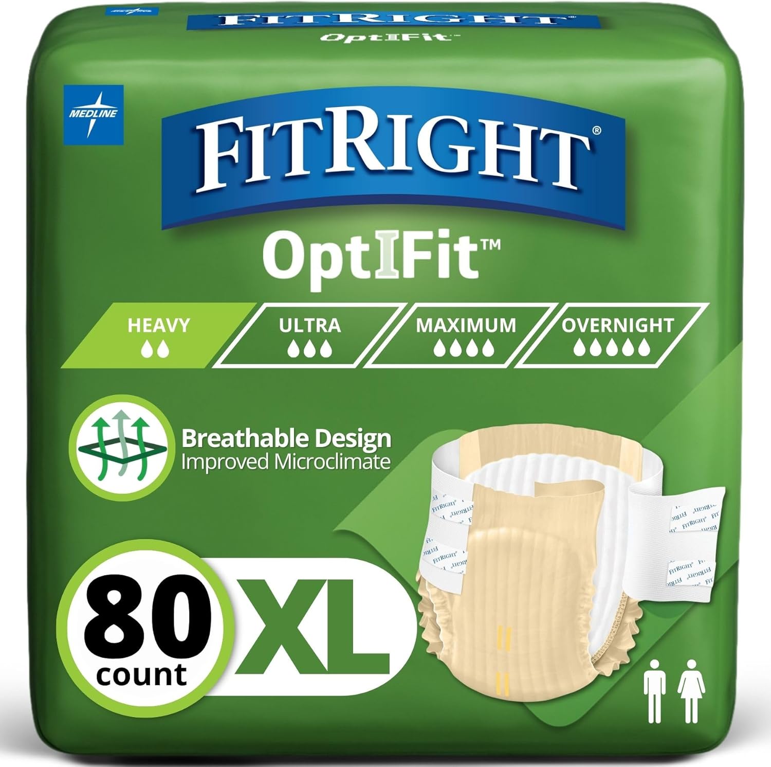 FitRight Adult Diapers, Extra Heavy Absorbency, XL (Waist Size 56in-64in), 80 Count, OptiFit Incontinence Briefs for Men and Women, Disposable, Moisture Wicking, Leak Protection, 80 Count X-Large