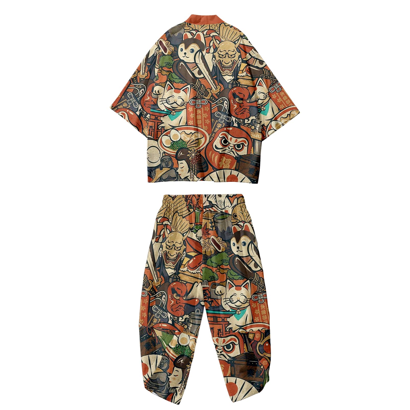 Mens Kimono Set Japanese Kimono Shirt &amp; Shorts 2 Piece Summer Beach Outfits